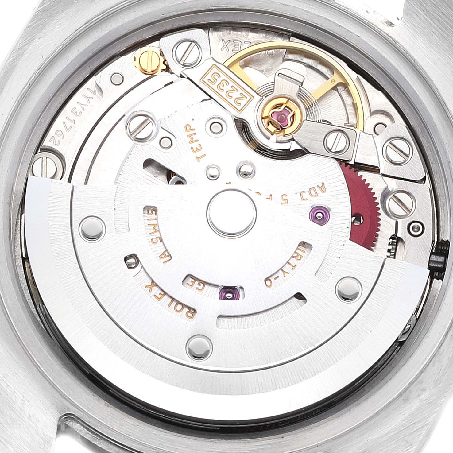 The image shows the movement mechanism of a Rolex Datejust 179173 Women's Steel and Gold (two tone) Champagne Dial 179173 Women's Steel and Gold (two tone) Champagne Dial model, viewed from the back.