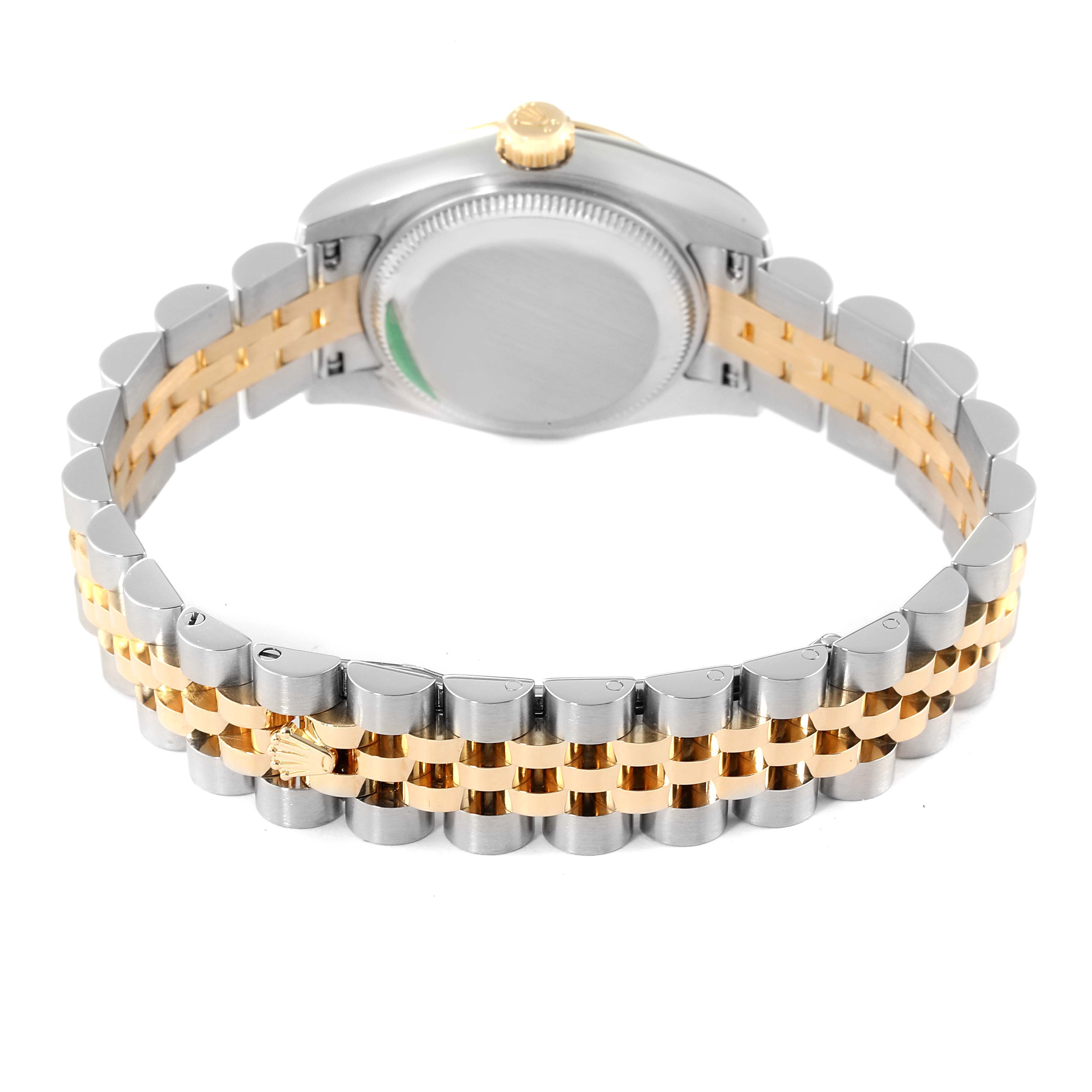The image shows the back view of a Rolex Datejust 179173 Women's Steel and Gold (two tone) Champagne Dial 179173 Women's Steel and Gold (two tone) Champagne Dial watch featuring a stainless steel and gold jubilee bracelet.
