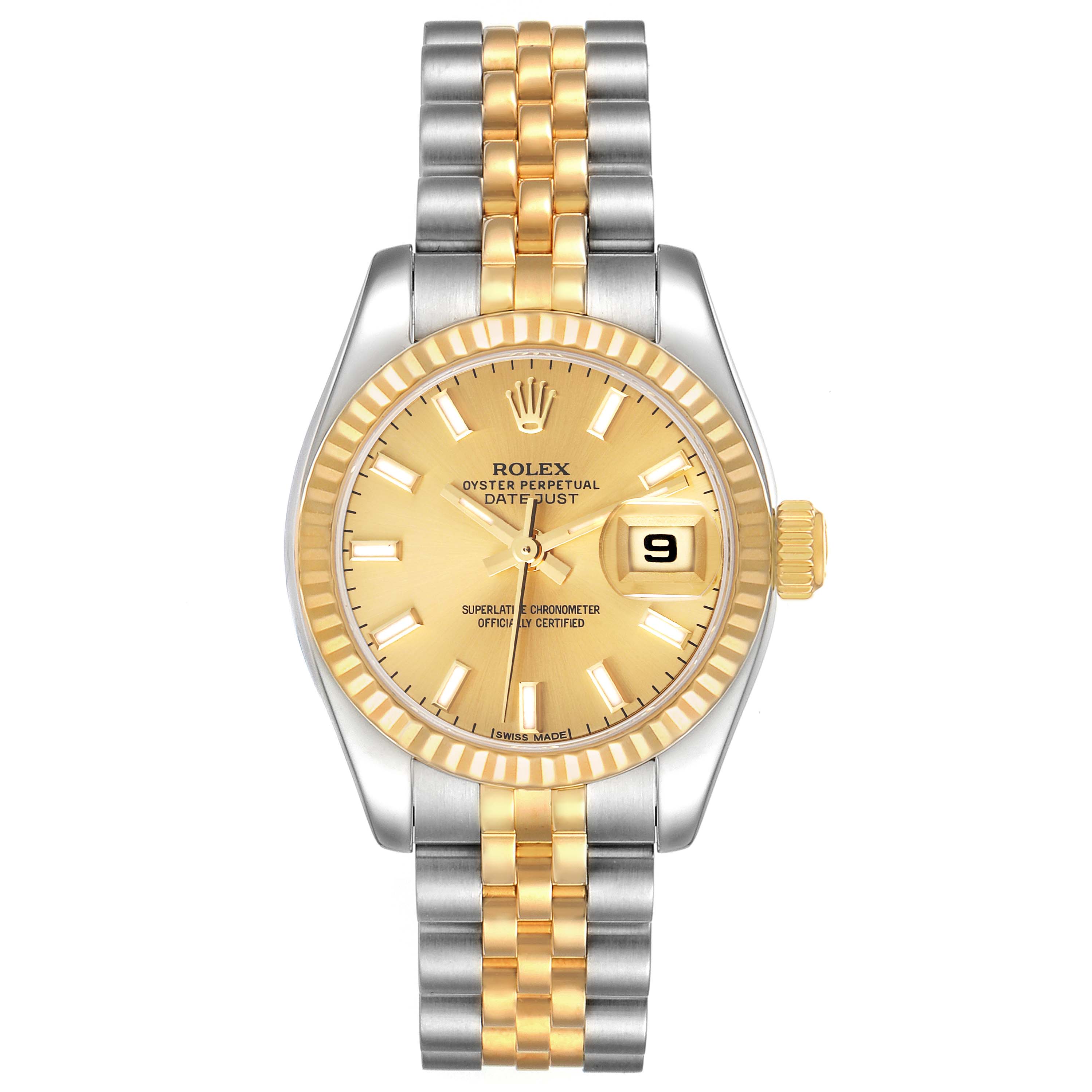 The image shows a front view of a Rolex Datejust 179173 Women's Steel and Gold (two tone) Champagne Dial 179173 Women's Steel and Gold (two tone) Champagne Dial watch, highlighting its gold dial, bezel, and two-tone bracelet.