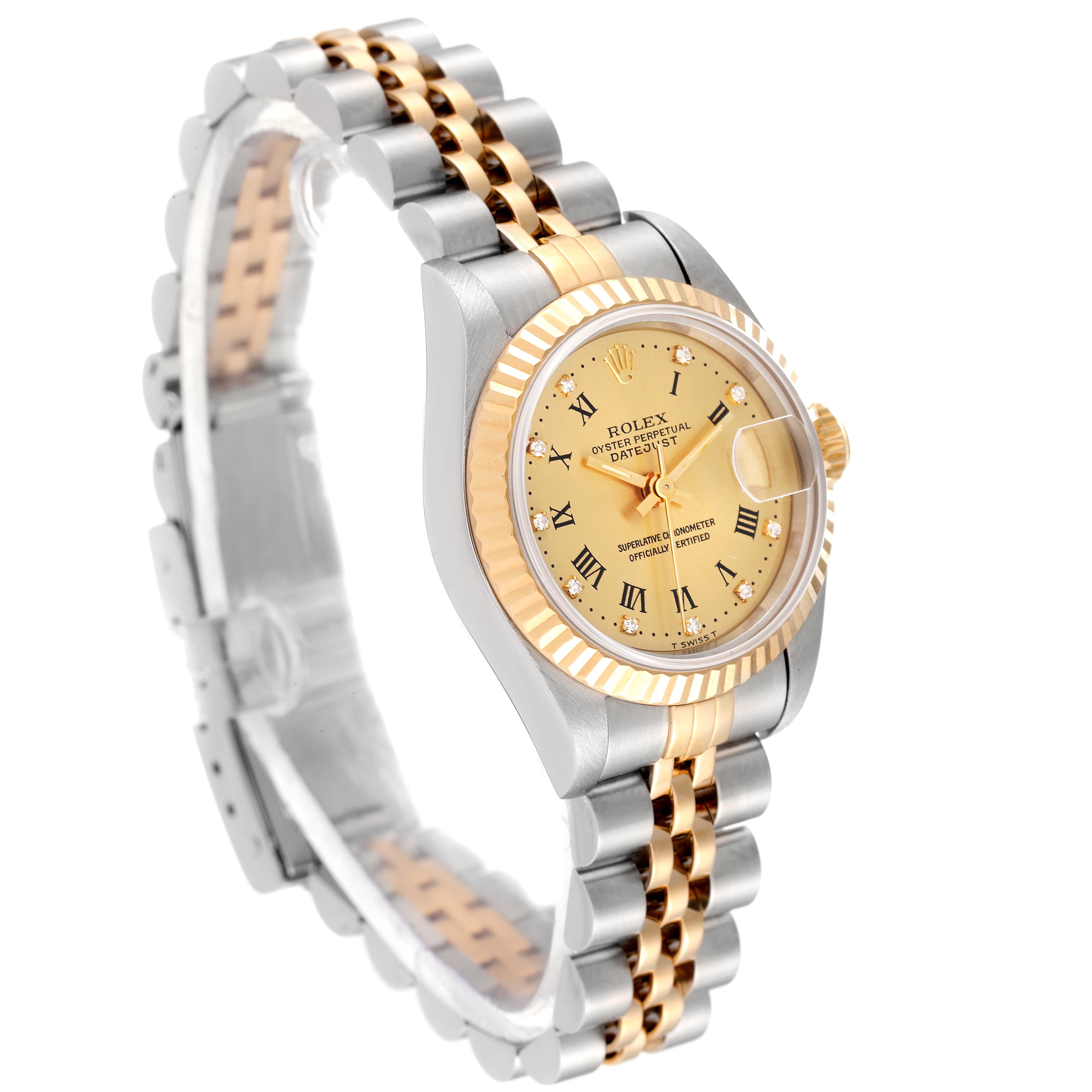 The Rolex Datejust 69173 Women's Steel and Gold (two tone) Champagne Dial 69173 Women's Steel and Gold (two tone) Champagne Dial watch is shown at an angle, highlighting its two-tone bracelet, fluted bezel, and champagne dial.