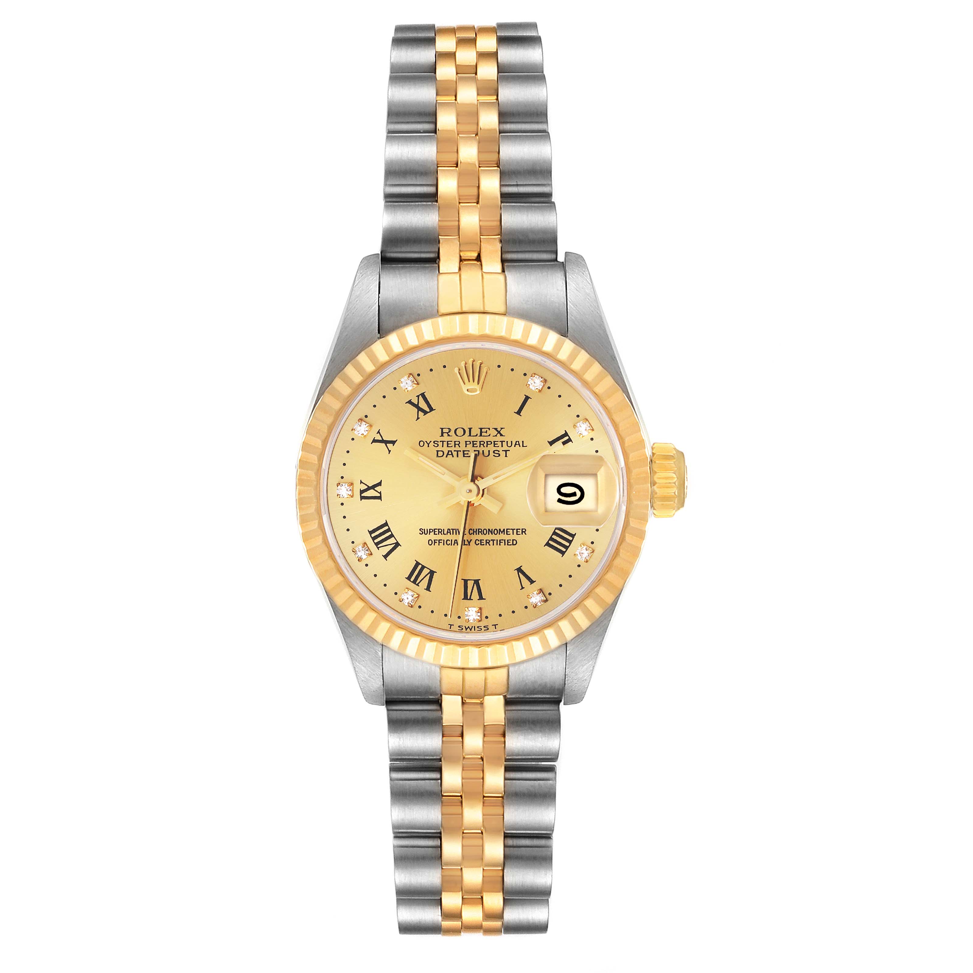 This Rolex Datejust 69173 Women's Steel and Gold (two tone) Champagne Dial 69173 Women's Steel and Gold (two tone) Champagne Dial watch is shown from the front, highlighting the face, bezel, and two-tone bracelet.