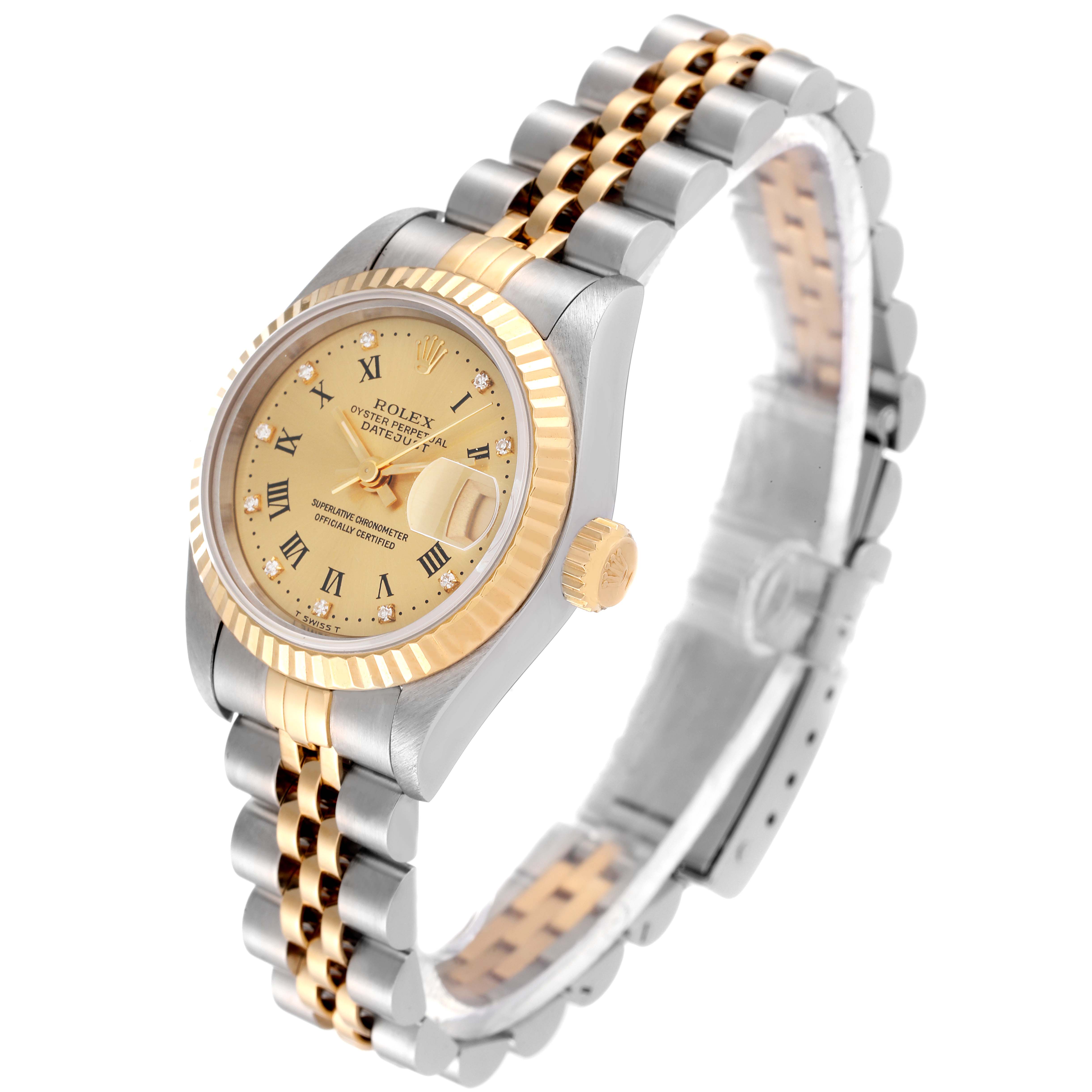 The image shows a Rolex Datejust 69173 Women's Steel and Gold (two tone) Champagne Dial 69173 Women's Steel and Gold (two tone) Champagne Dial watch at a three-quarter angle, highlighting the dial, bezel, and bracelet.
