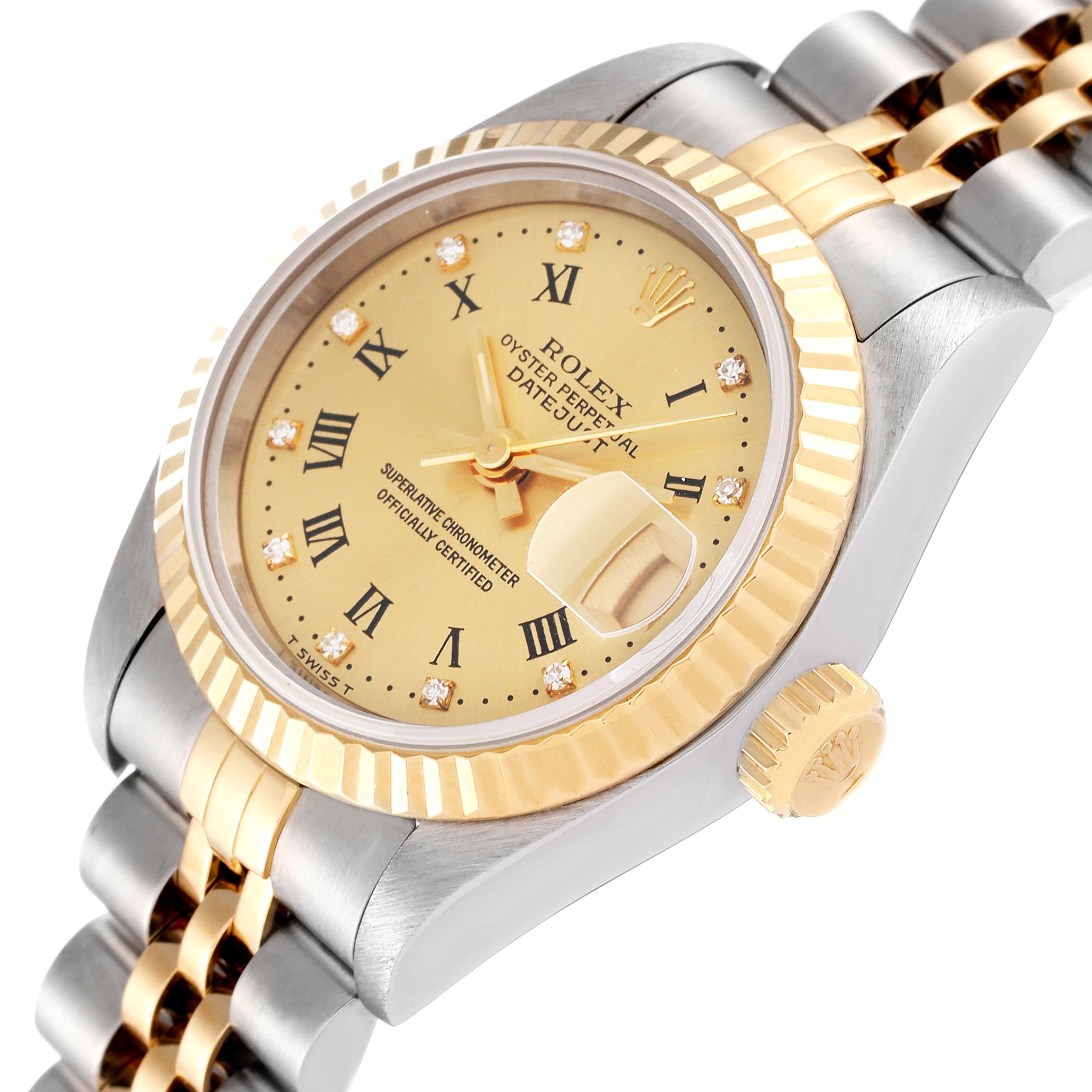 The image shows a close-up angle of the Rolex Datejust 69173 Women's Steel and Gold (two tone) Champagne Dial 69173 Women's Steel and Gold (two tone) Champagne Dial watch, featuring its dial, fluted bezel, and part of the two-tone bracelet.