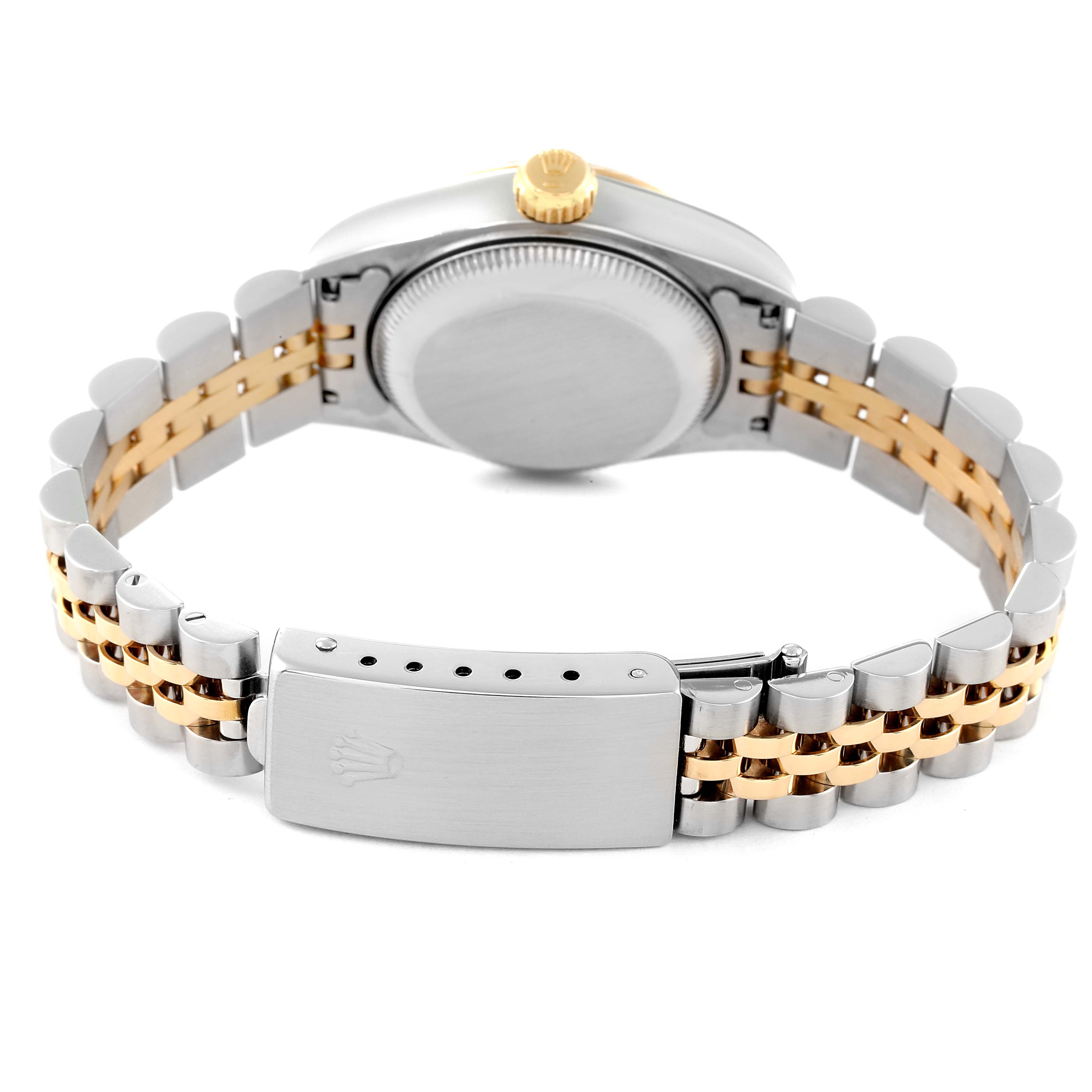 This image shows the back of a Rolex Datejust 69173 Women's Steel and Gold (two tone) Champagne Dial 69173 Women's Steel and Gold (two tone) Champagne Dial watch, highlighting the clasp, bracelet, case back, and crown.