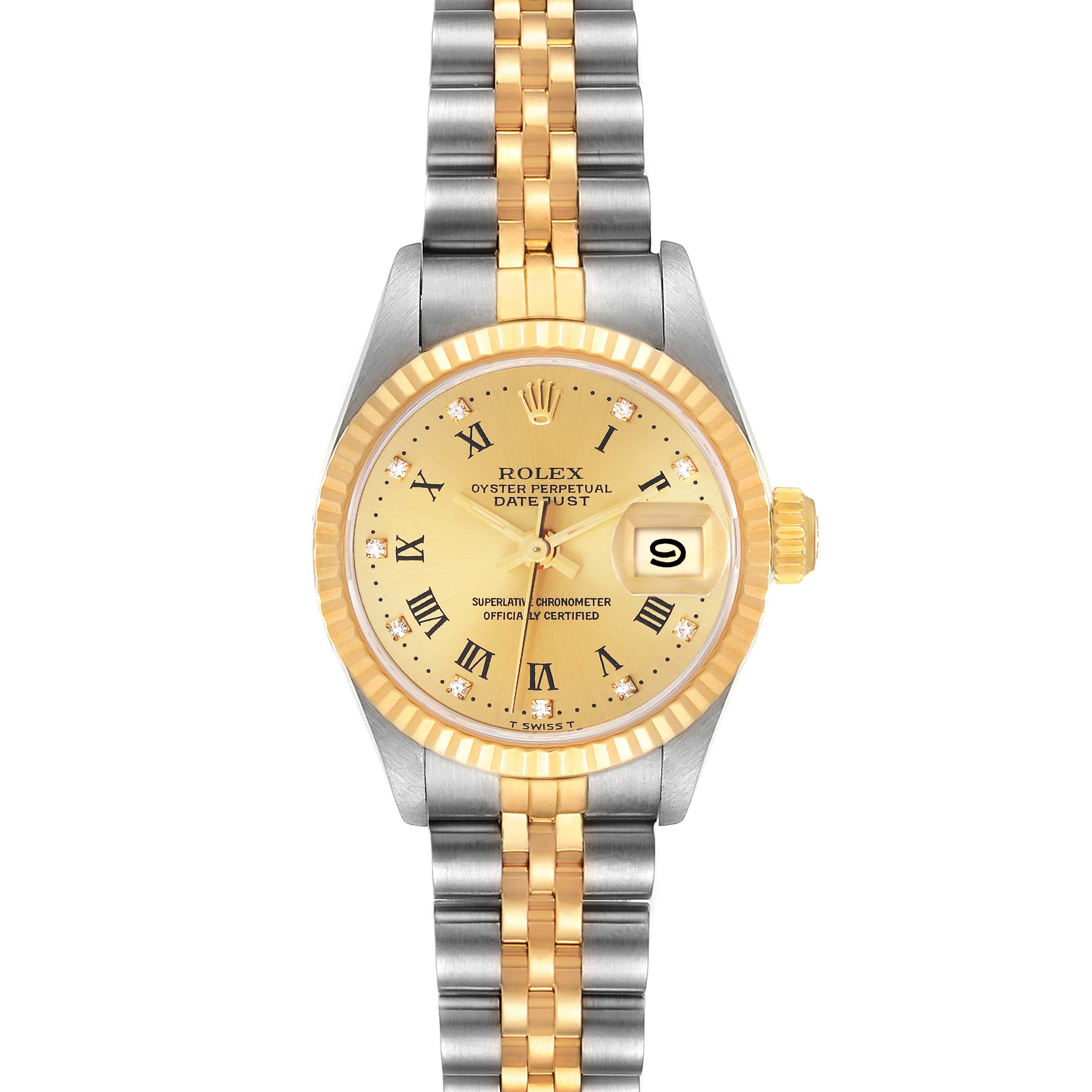 This is a front view of a Rolex Datejust 69173 Women's Steel and Gold (two tone) Champagne Dial 69173 Women's Steel and Gold (two tone) Champagne Dial watch, showcasing the dial, bezel, crown, and two-tone bracelet.