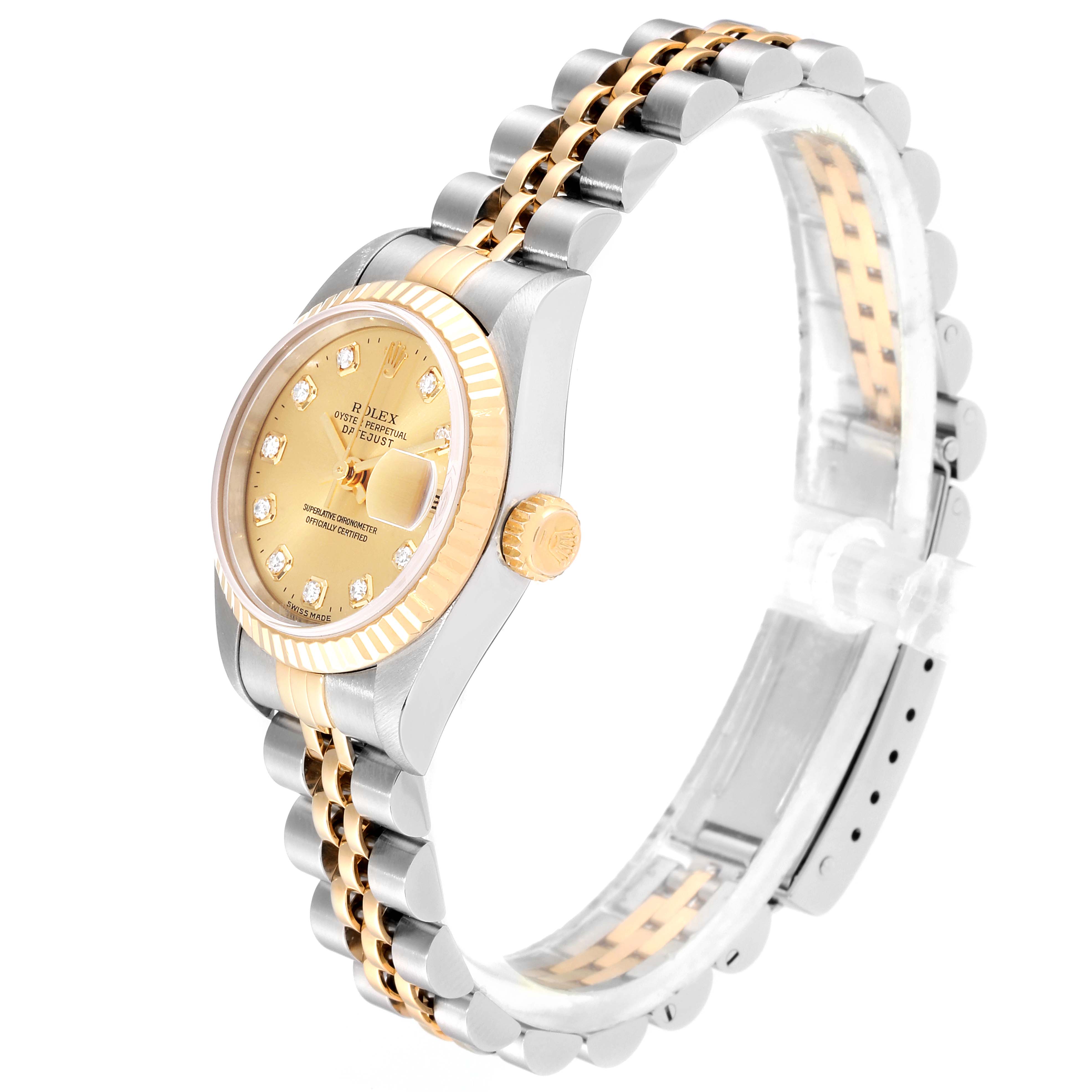 This Rolex Datejust 79173 Women's Steel and Gold (two tone) Champagne Dial 79173 Women's Steel and Gold (two tone) Champagne Dial watch is shown from a side angle highlighting its face, bezel, case, and Jubilee bracelet.