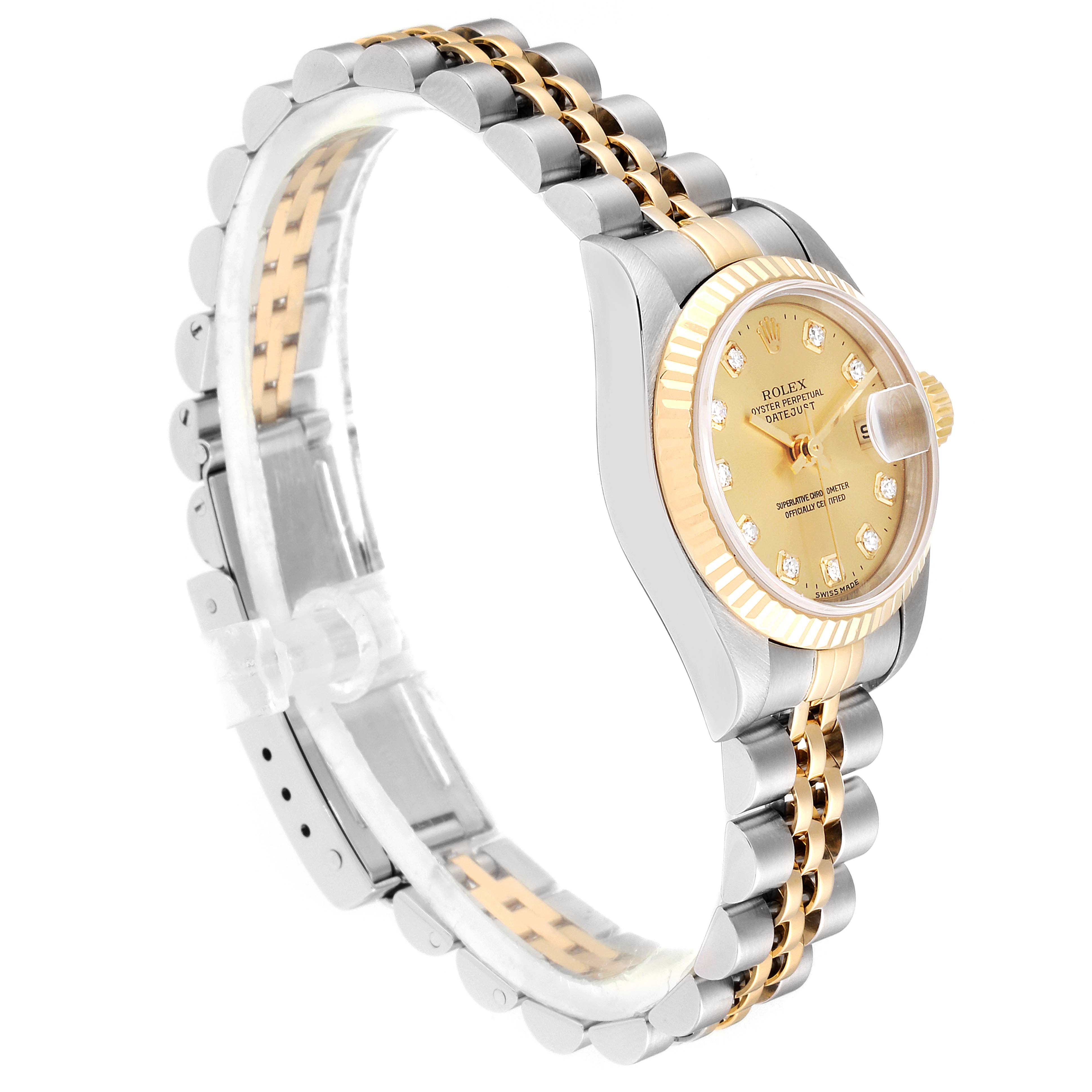 This Rolex Datejust 79173 Women's Steel and Gold (two tone) Champagne Dial 79173 Women's Steel and Gold (two tone) Champagne Dial watch is displayed at a three-quarter angle, showing the bracelet, case, and face with a gold-tone dial and date feature.