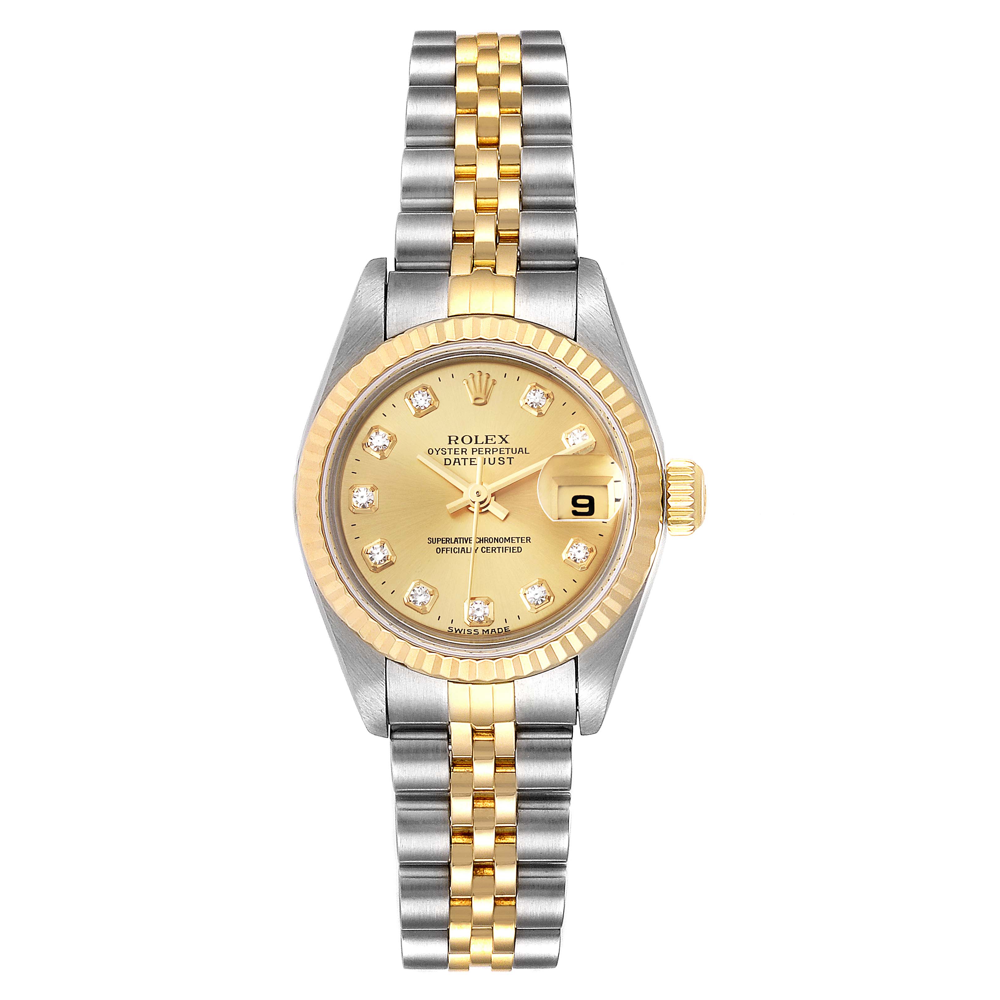 This image shows a Rolex Datejust 79173 Women's Steel and Gold (two tone) Champagne Dial 79173 Women's Steel and Gold (two tone) Champagne Dial watch from a top-down angle, highlighting the dial, bezel, and bracelet.