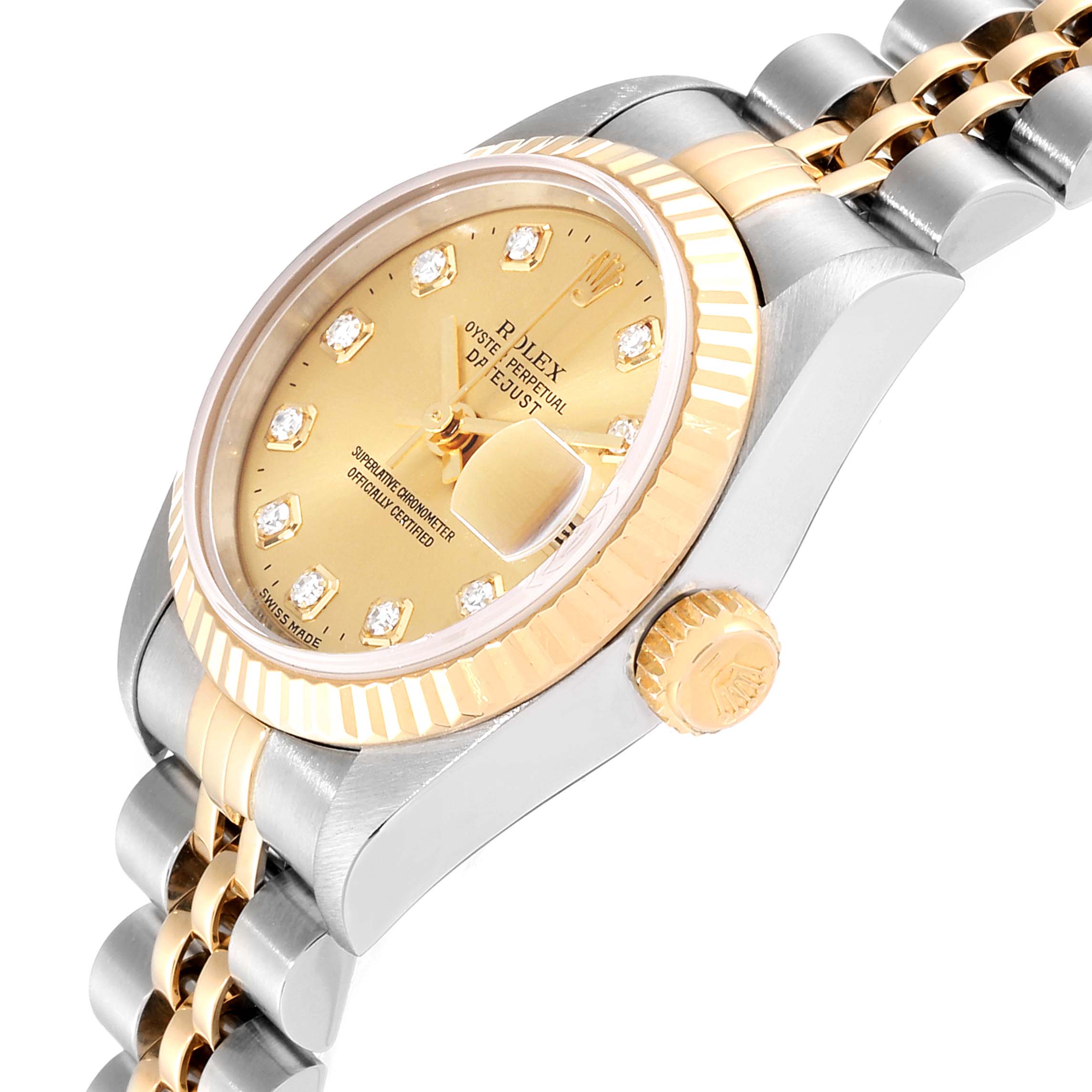 This image shows a Rolex Datejust 79173 Women's Steel and Gold (two tone) Champagne Dial 79173 Women's Steel and Gold (two tone) Champagne Dial watch at a three-quarter angle, highlighting the face, crown, and bracelet.