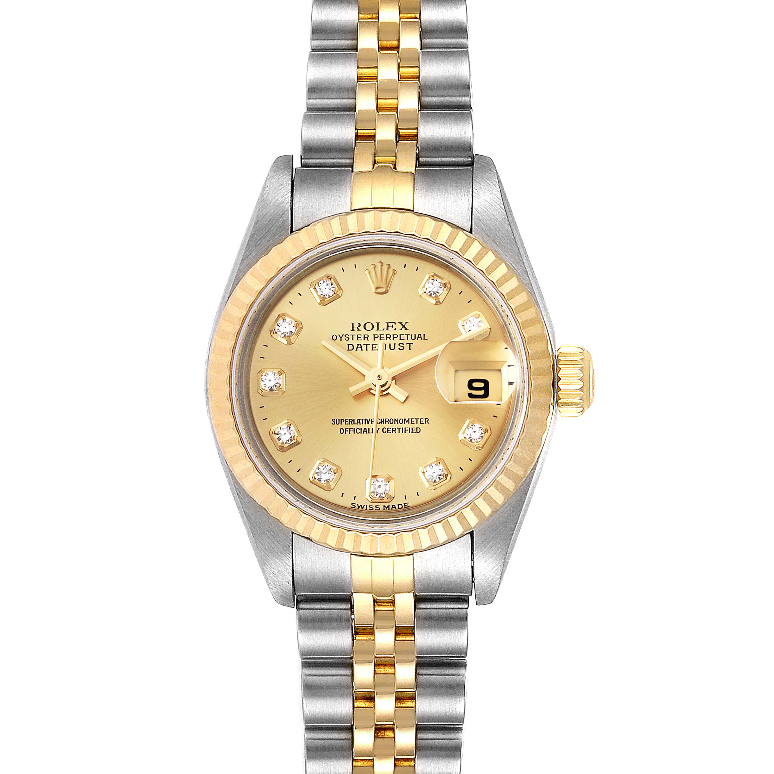 The Rolex Datejust 79173 Women's Steel and Gold (two tone) Champagne Dial 79173 Women's Steel and Gold (two tone) Champagne Dial watch is shown from a front view, highlighting the dial, bezel, crown, and bracelet.