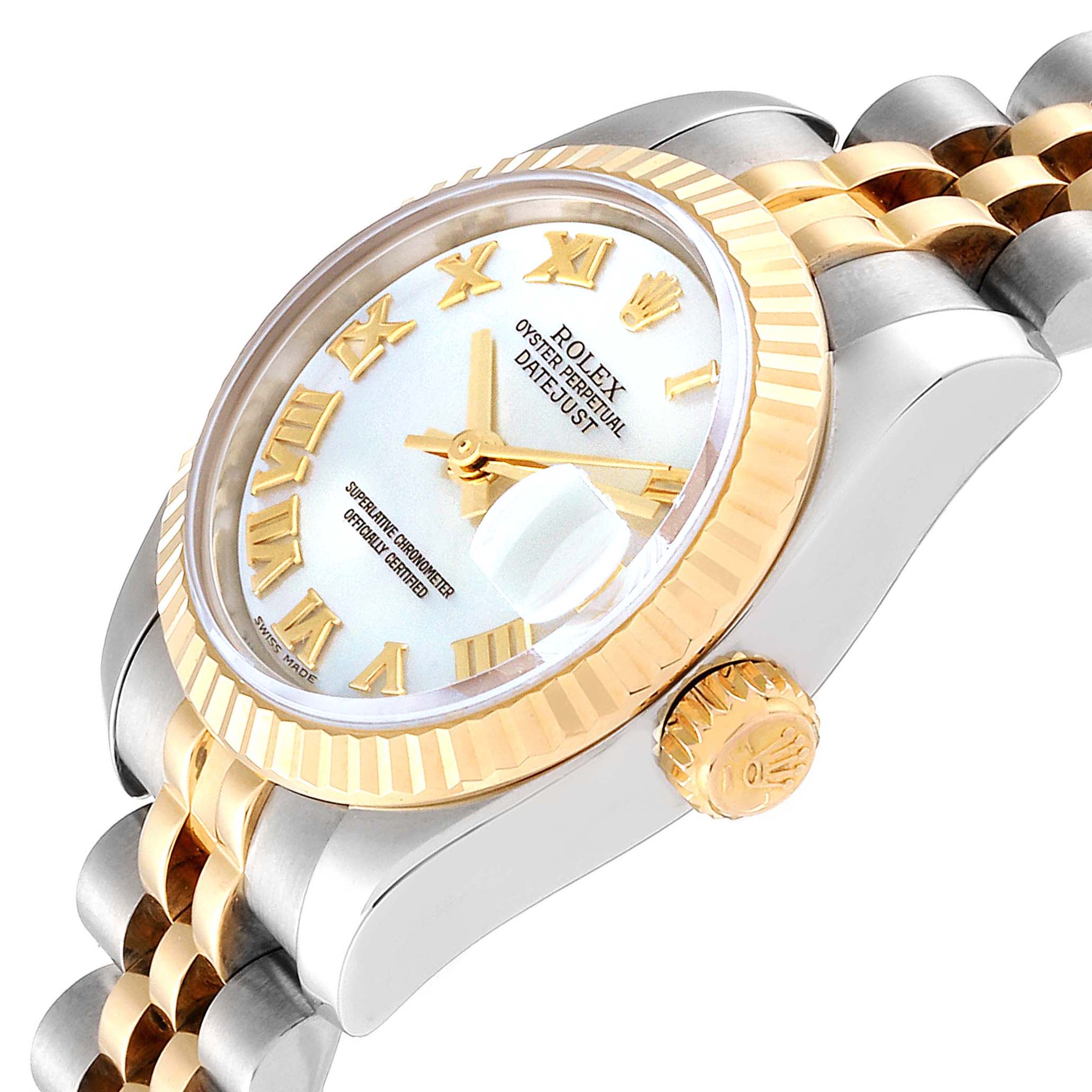 The image shows a close-up view of the dial, bezel, and crown of a Rolex Datejust 179173 Women's Steel and Gold (two tone) Mother of Pearl Dial 179173 Women's Steel and Gold (two tone) Mother of Pearl Dial.