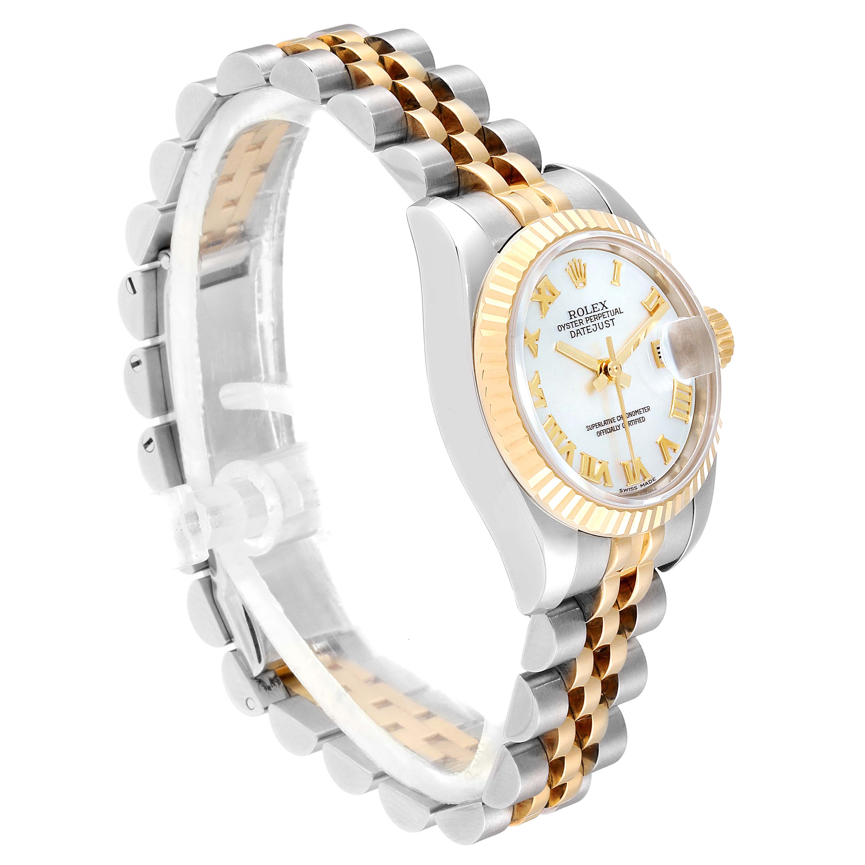 The image shows a side angle of a Rolex Datejust 179173 Women's Steel and Gold (two tone) Mother of Pearl Dial 179173 Women's Steel and Gold (two tone) Mother of Pearl Dial watch, highlighting its jubilee bracelet and fluted bezel.