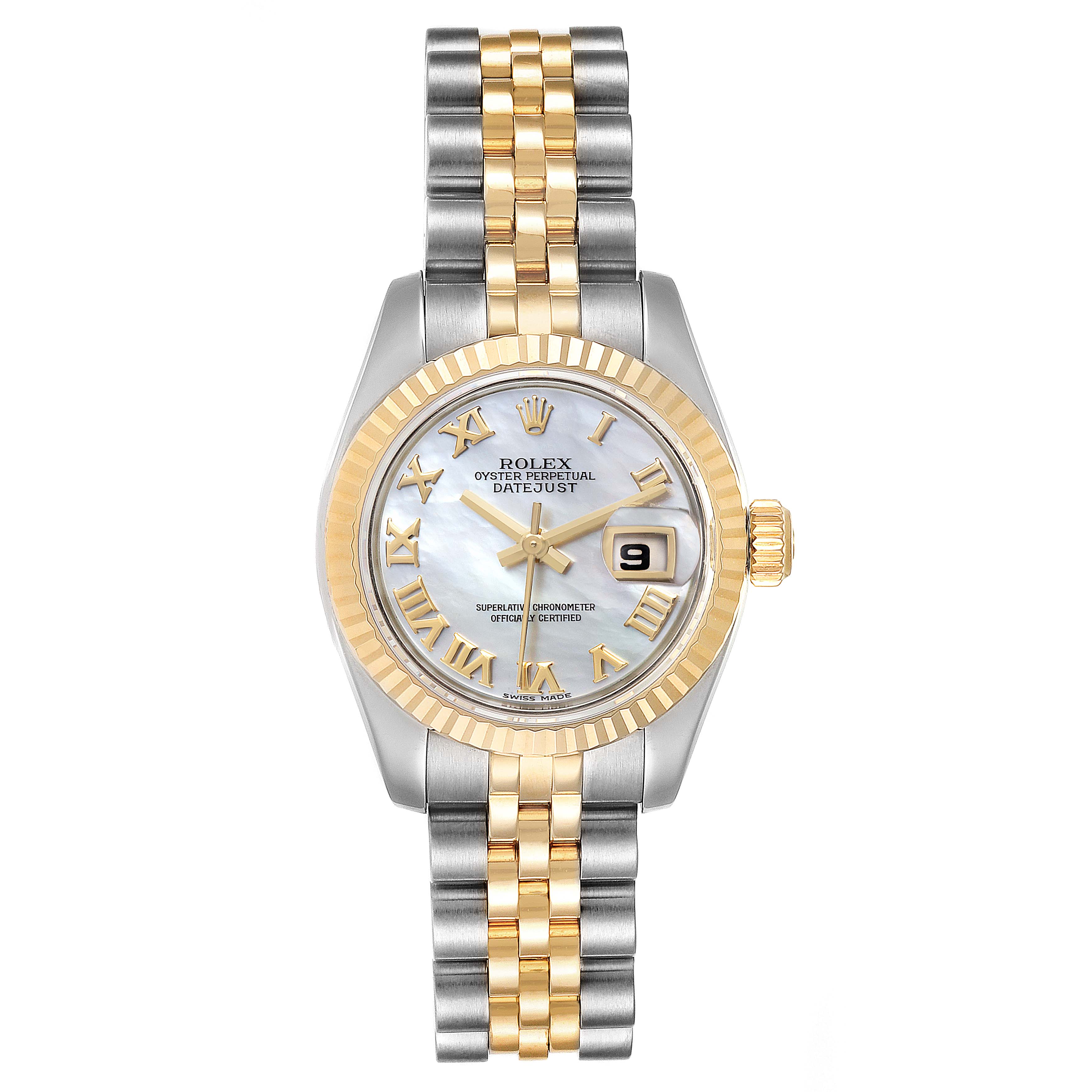 This Rolex Datejust 179173 Women's Steel and Gold (two tone) Mother of Pearl Dial 179173 Women's Steel and Gold (two tone) Mother of Pearl Dial watch is shown from a top-down angle, displaying the face, bezel, crown, and Jubilee bracelet.