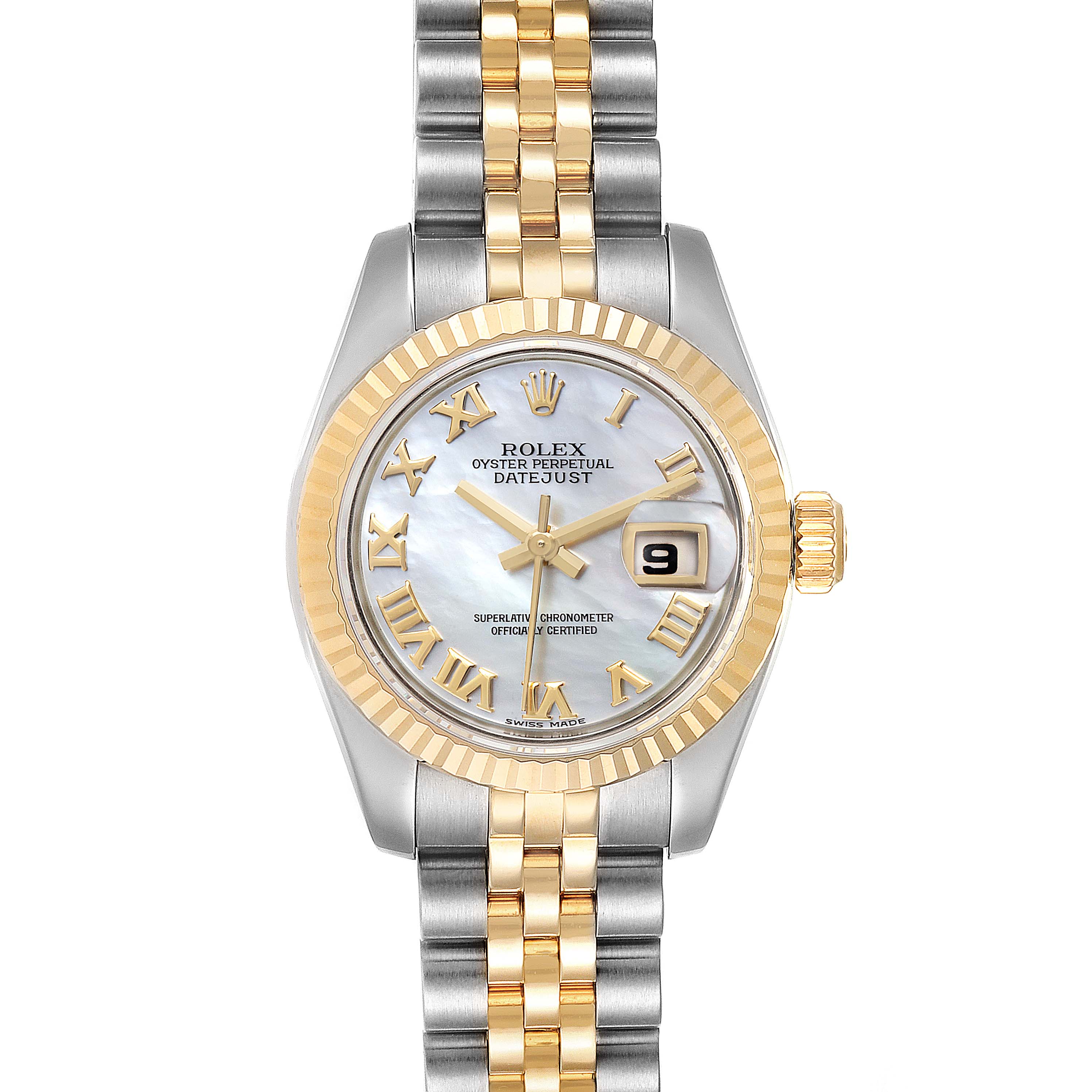 The Rolex Datejust 179173 Women's Steel and Gold (two tone) Mother of Pearl Dial 179173 Women's Steel and Gold (two tone) Mother of Pearl Dial watch is shown from the front, displaying its face, bezel, and bracelet.