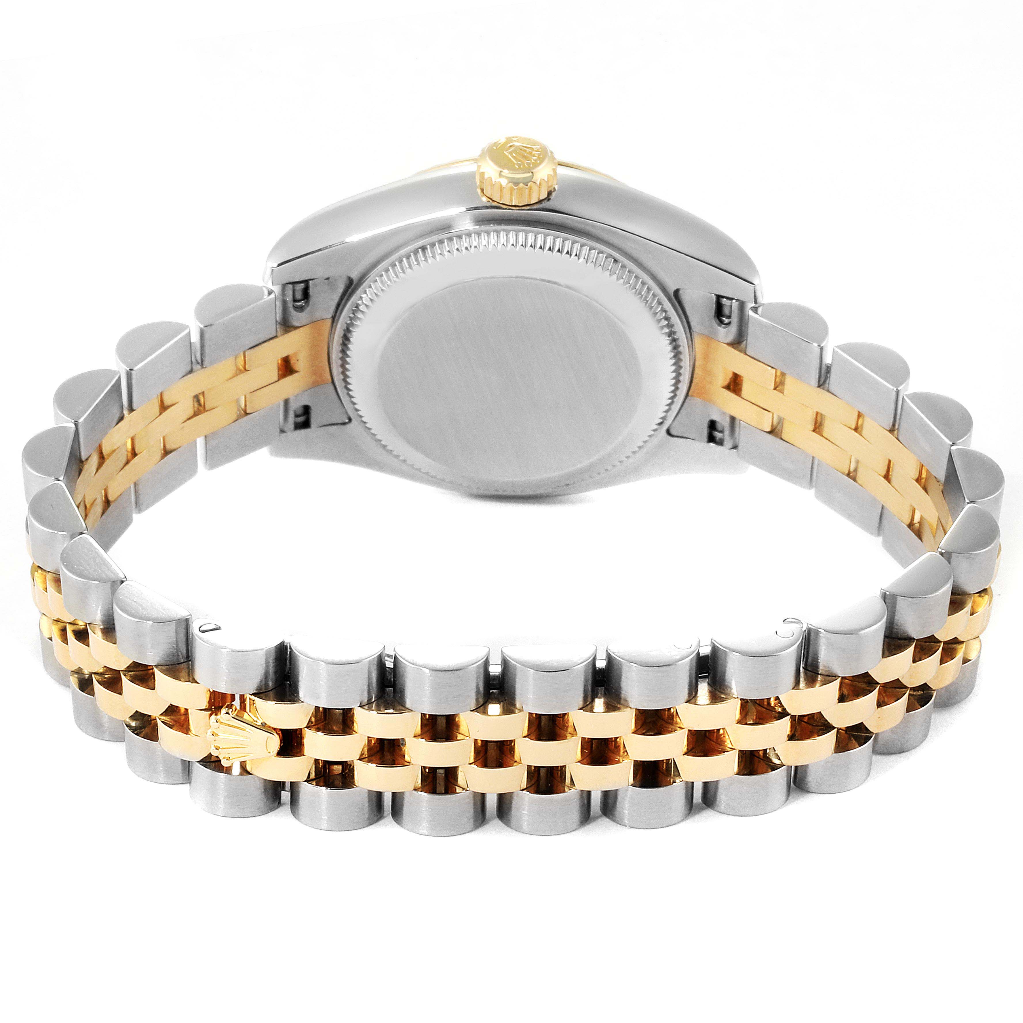 The image shows a rear view of the Rolex Datejust 179173 Women's Steel and Gold (two tone) Mother of Pearl Dial 179173 Women's Steel and Gold (two tone) Mother of Pearl Dial watch, highlighting the case back, crown, and two-tone bracelet.