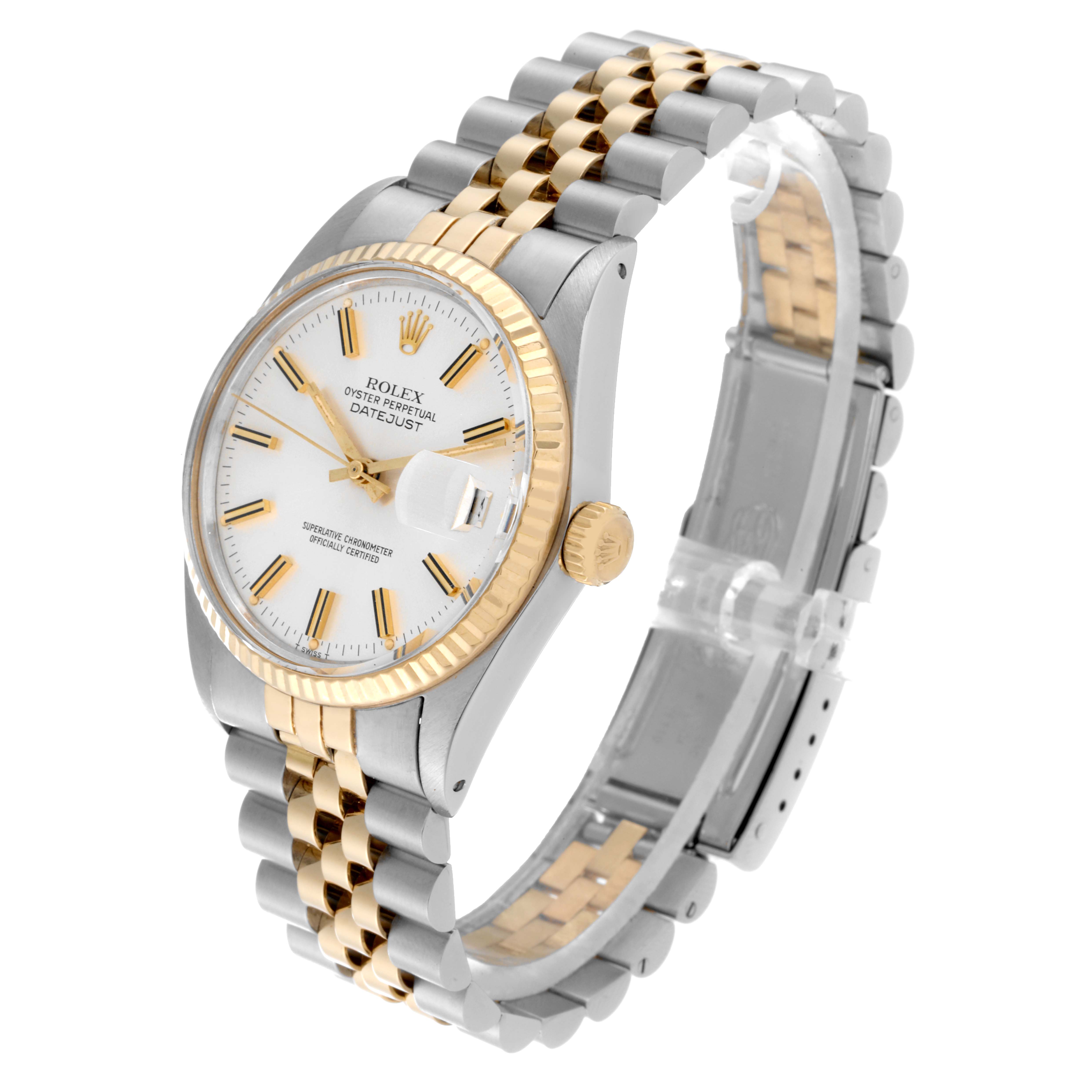 The Rolex Vintage Collection 16013 Men's Steel and Gold (two tone) Silver Dial 16013 Men's Steel and Gold (two tone) Silver Dial watch is shown at a slight angle, highlighting its face, bezel, crown, and two-tone bracelet.