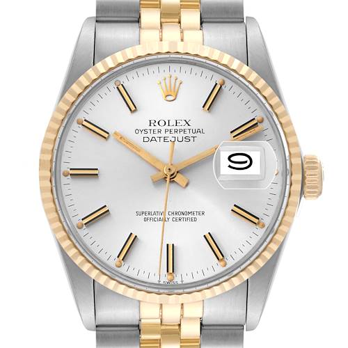 This image shows a frontal view of the Rolex Vintage Collection Oyster Perpetual Datejust watch, highlighting its dial, bezel, crown, and bracelet.