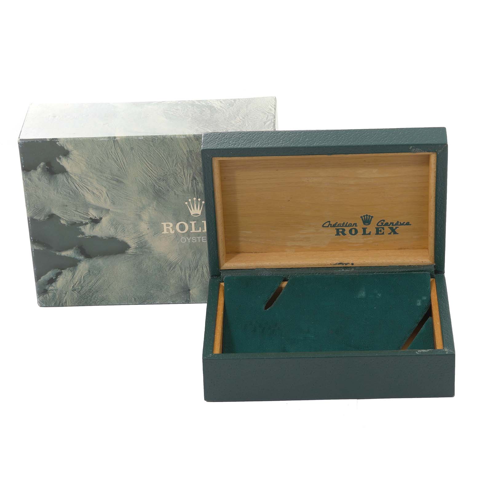 The image shows an open box and packaging for a Rolex Vintage Collection 16013 Men's Steel and Gold (two tone) Silver Dial 16013 Men's Steel and Gold (two tone) Silver Dial model from a top-front angle.