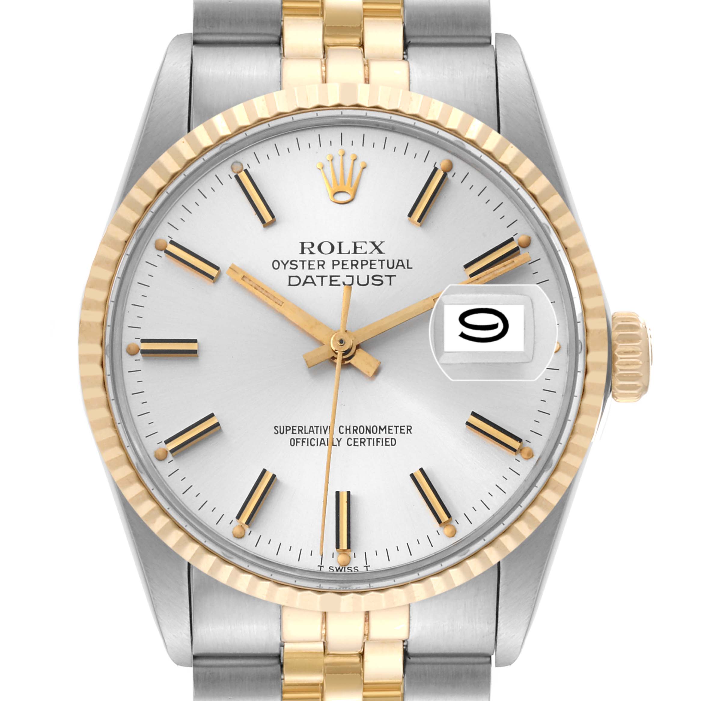 The image shows a frontal view of a Rolex Vintage Collection 16013 Men's Steel and Gold (two tone) Silver Dial 16013 Men's Steel and Gold (two tone) Silver Dial Oyster Perpetual Datejust watch, displaying the face, bezel, crown, and bracelet.