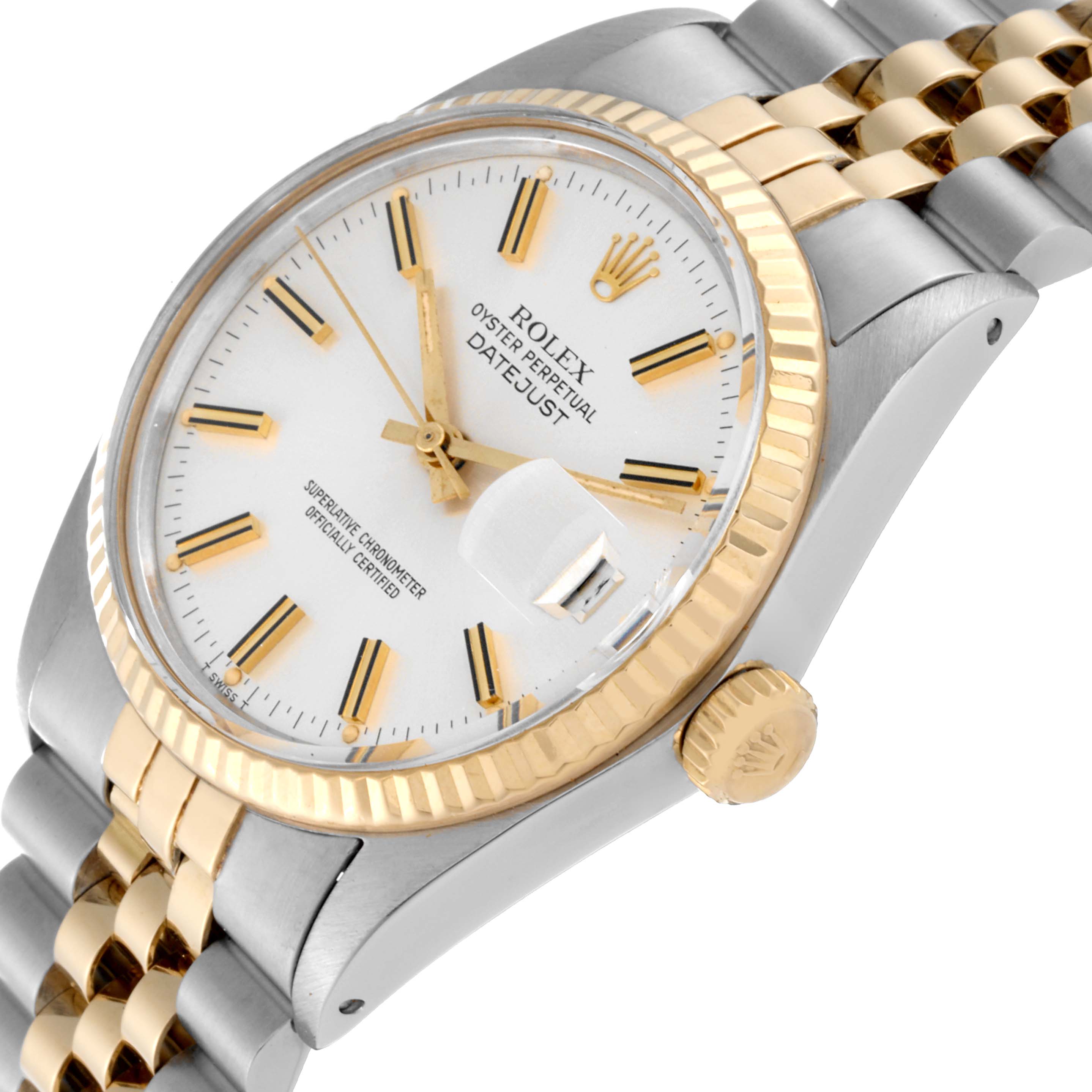 The image shows a Rolex Vintage Collection 16013 Men's Steel and Gold (two tone) Silver Dial 16013 Men's Steel and Gold (two tone) Silver Dial Datejust at a slight angle, highlighting the dial, bezel, crown, and partially the bracelet.