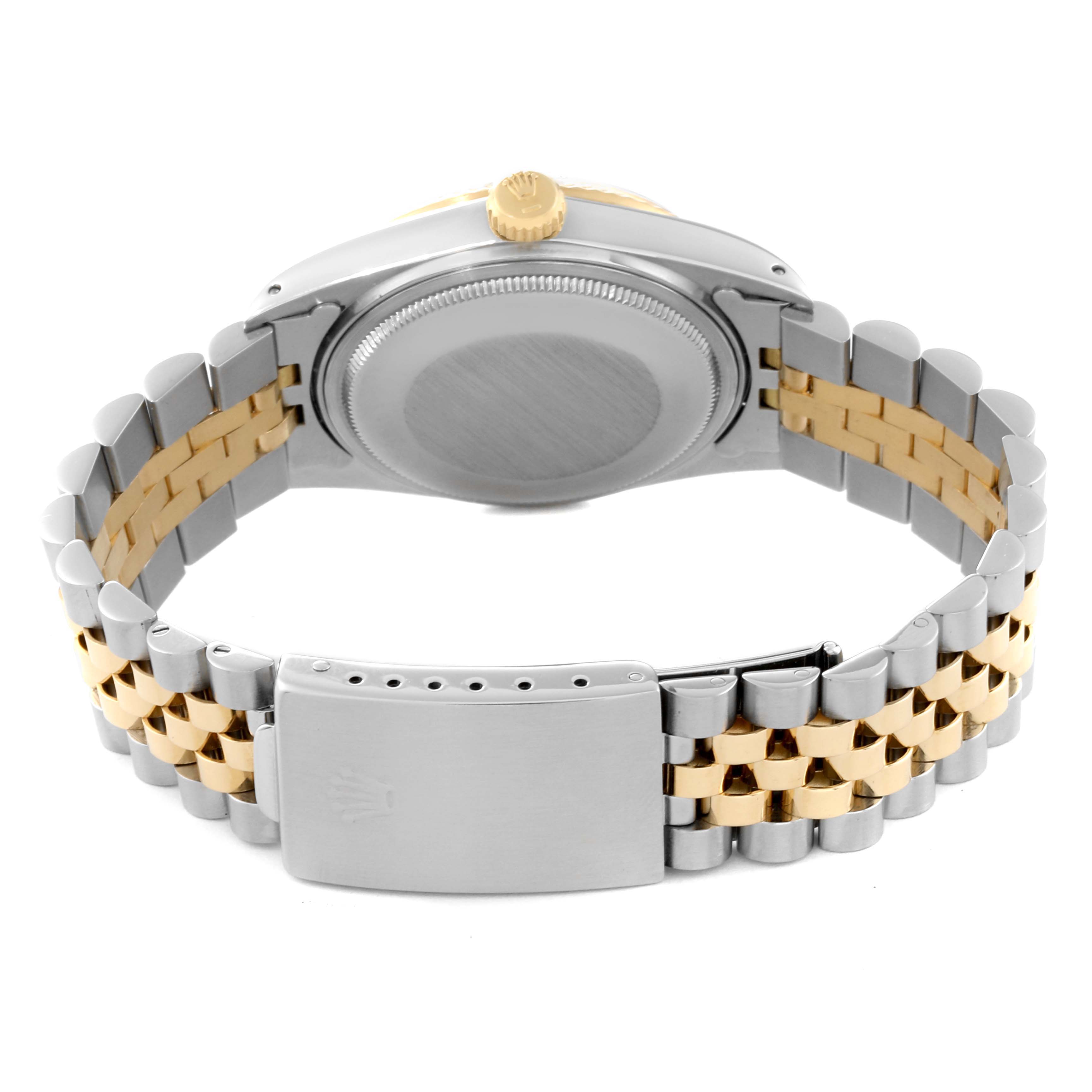 The image shows the back case, crown, clasp, and bracelet of a Rolex Vintage Collection 16013 Men's Steel and Gold (two tone) Silver Dial 16013 Men's Steel and Gold (two tone) Silver Dial watch from a rear angle.