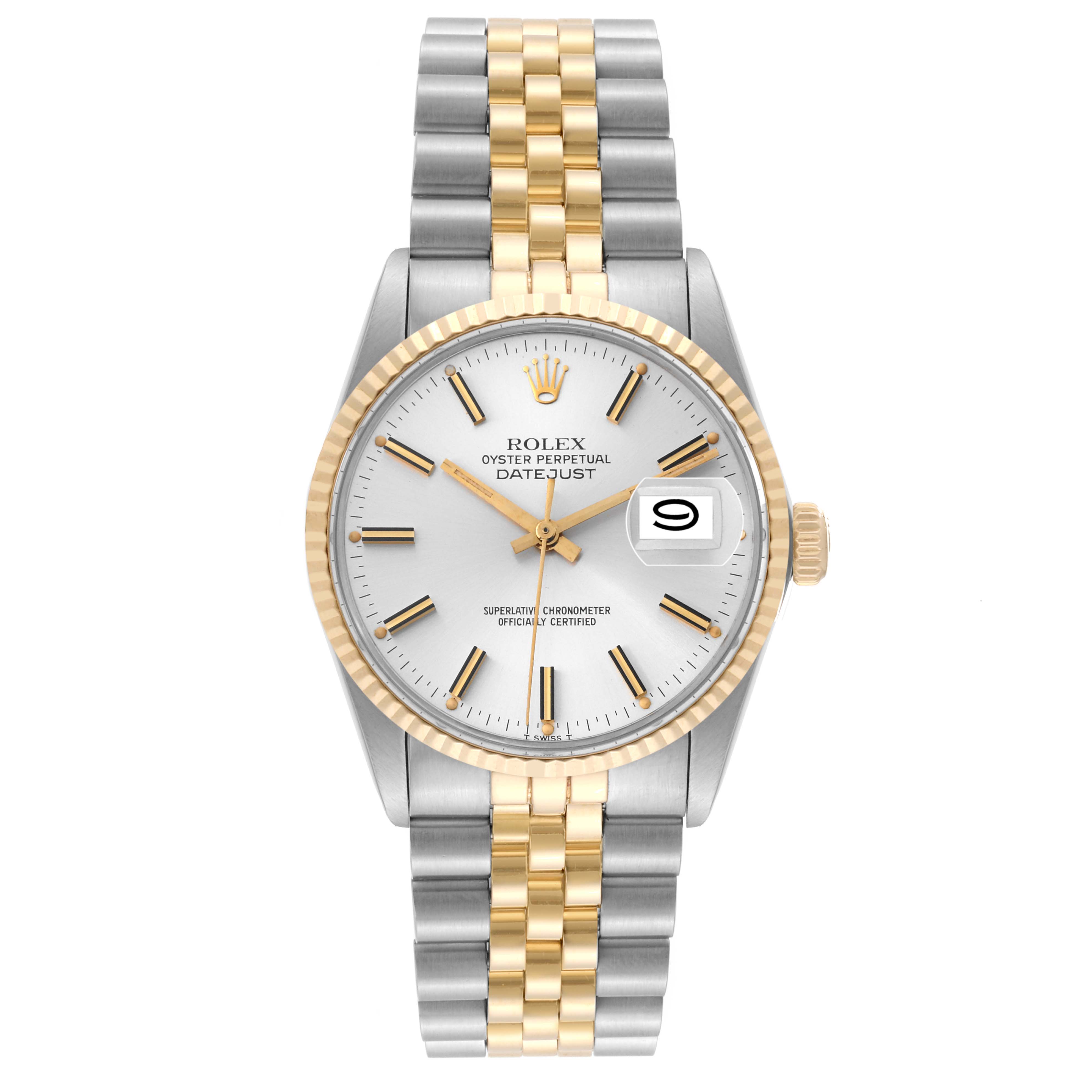 This is a front view of the Vintage Collection Rolex Oyster Perpetual Datejust, showcasing its silver and gold design with a date display.