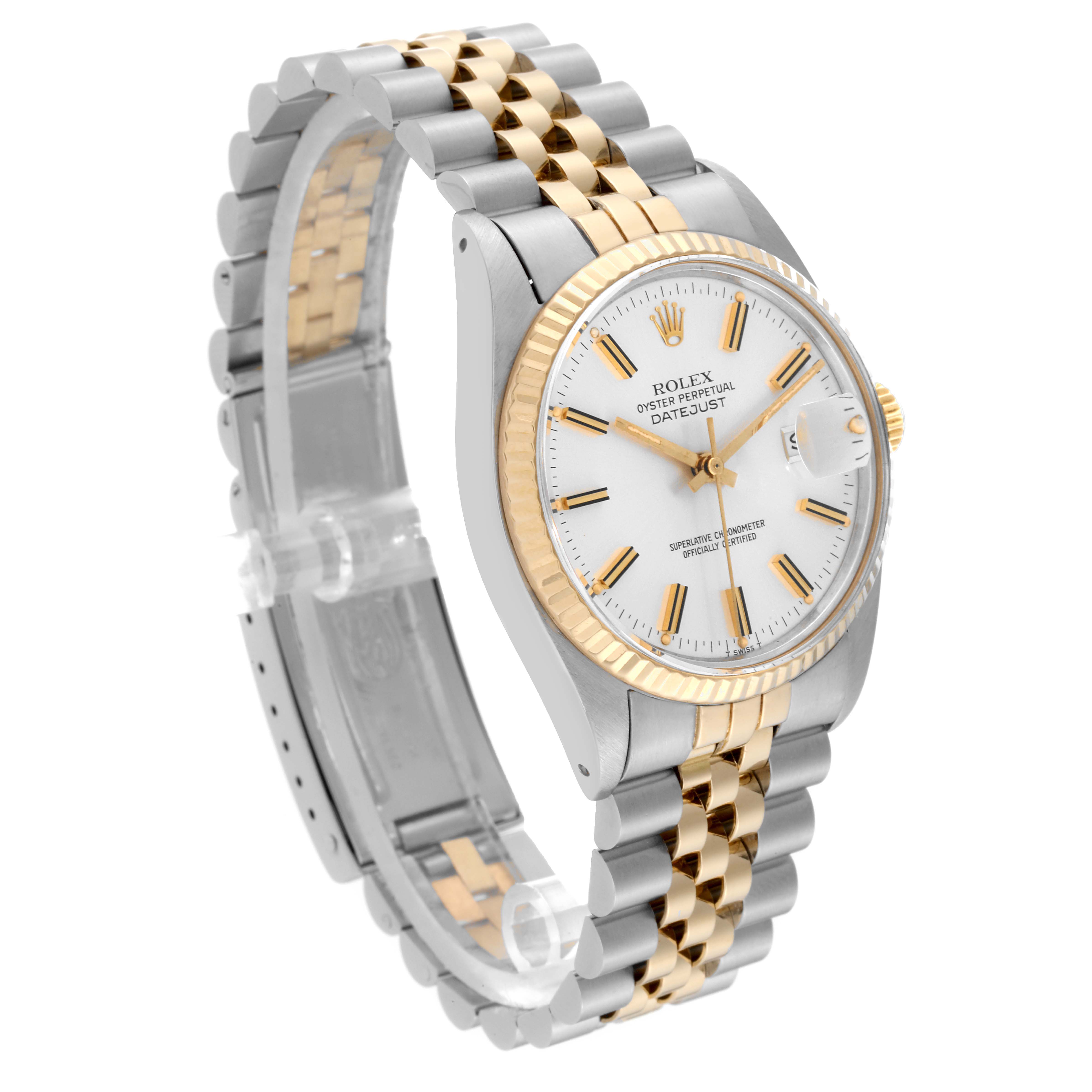 This image shows a Rolex Vintage Collection 16013 Men's Steel and Gold (two tone) Silver Dial 16013 Men's Steel and Gold (two tone) Silver Dial Datejust watch at a side angle, highlighting the dial, bezel, and two-tone bracelet.