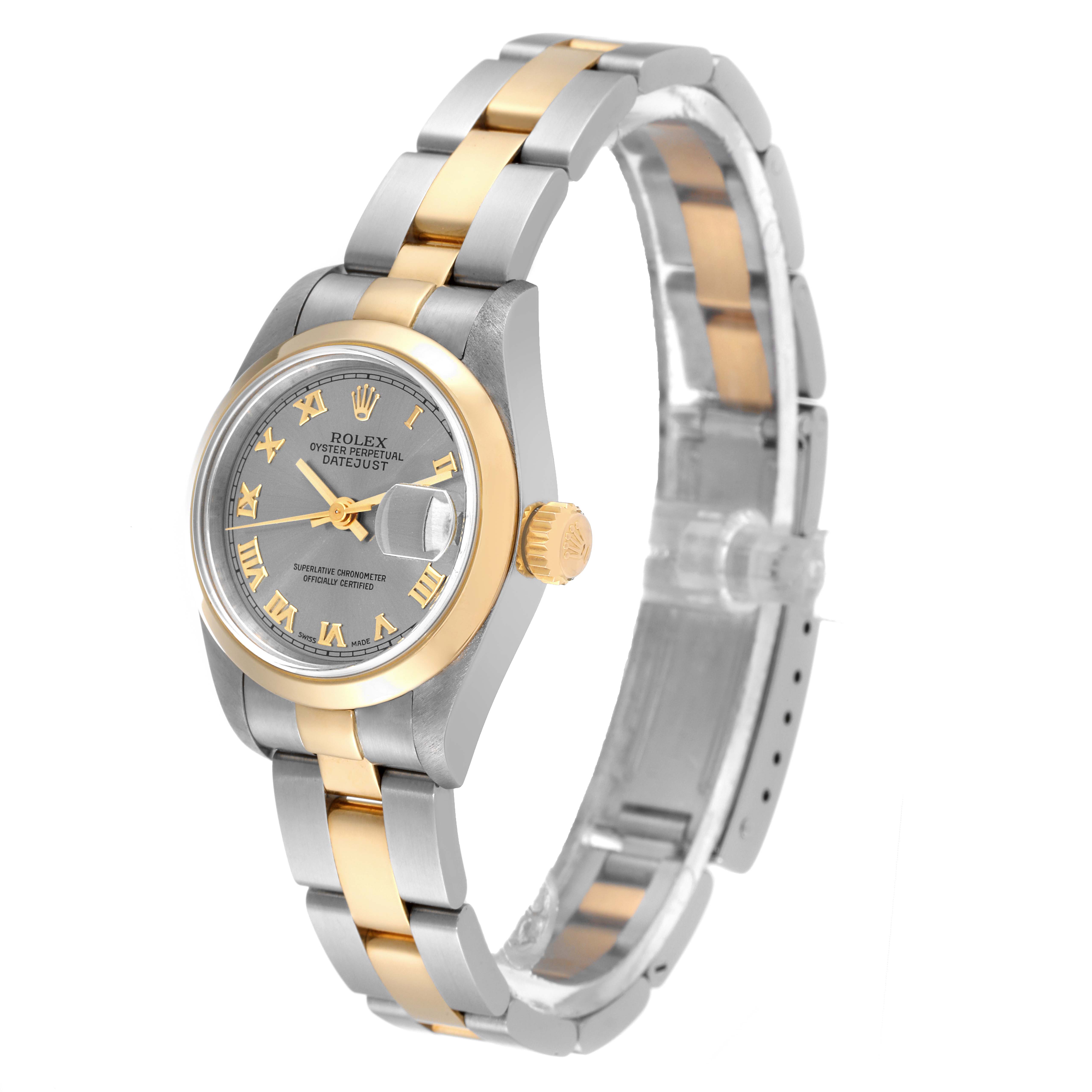The watch is a Rolex Datejust 69163 Women
s Steel and Gold (two tone) Grey Dial 69163 Women
s Steel and Gold (two tone) Grey Dial model, shown at a three-quarter angle, highlighting the face, case, and bracelet.