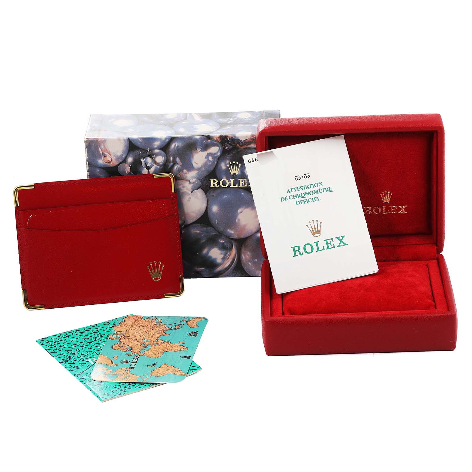 The image shows accessories for the Rolex Datejust 69163 Women
s Steel and Gold (two tone) Grey Dial 69163 Women
s Steel and Gold (two tone) Grey Dial model, including a box, red pouch, certificate booklet, and warranty cards.