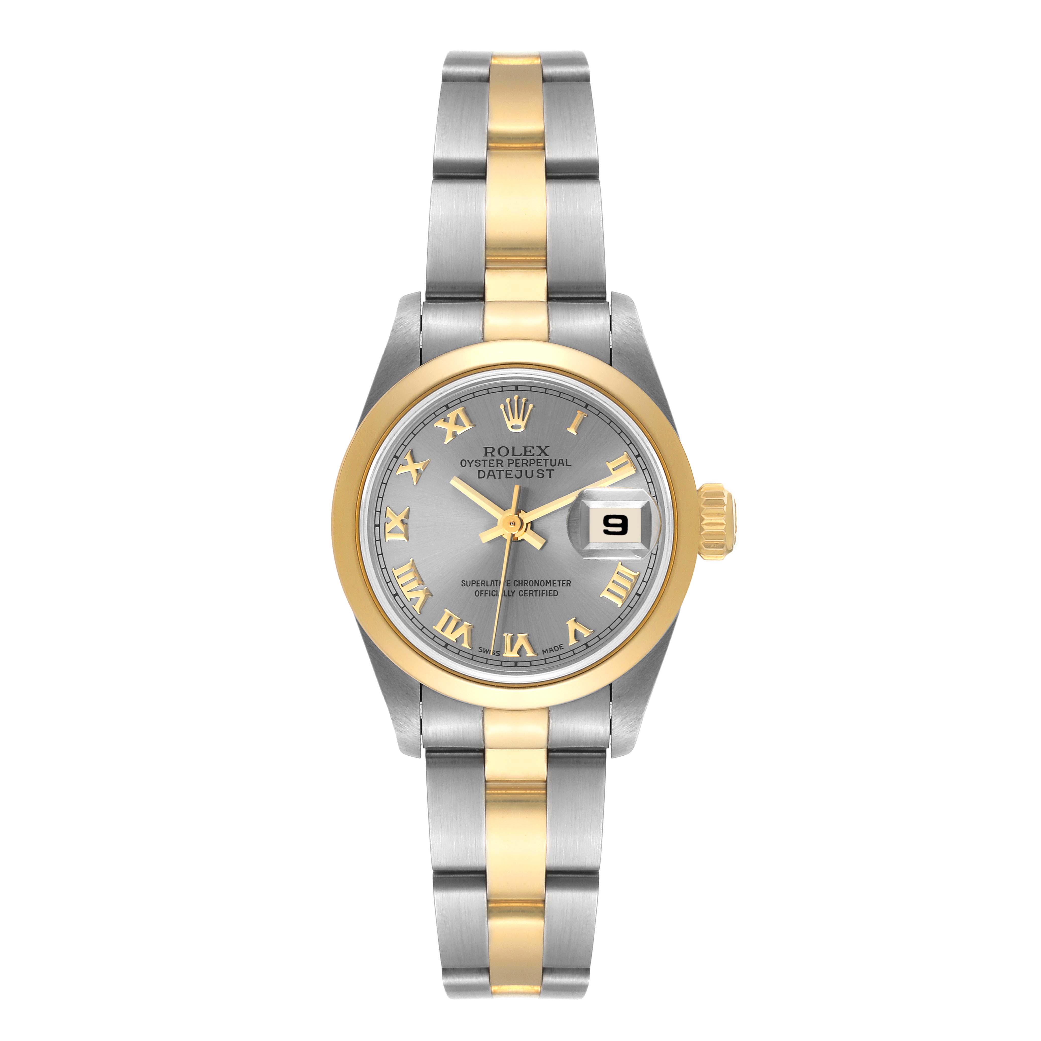 The image shows a Rolex Datejust 69163 Women
s Steel and Gold (two tone) Grey Dial 69163 Women
s Steel and Gold (two tone) Grey Dial watch viewed from the front, highlighting its dial, bezel, and two-tone bracelet.