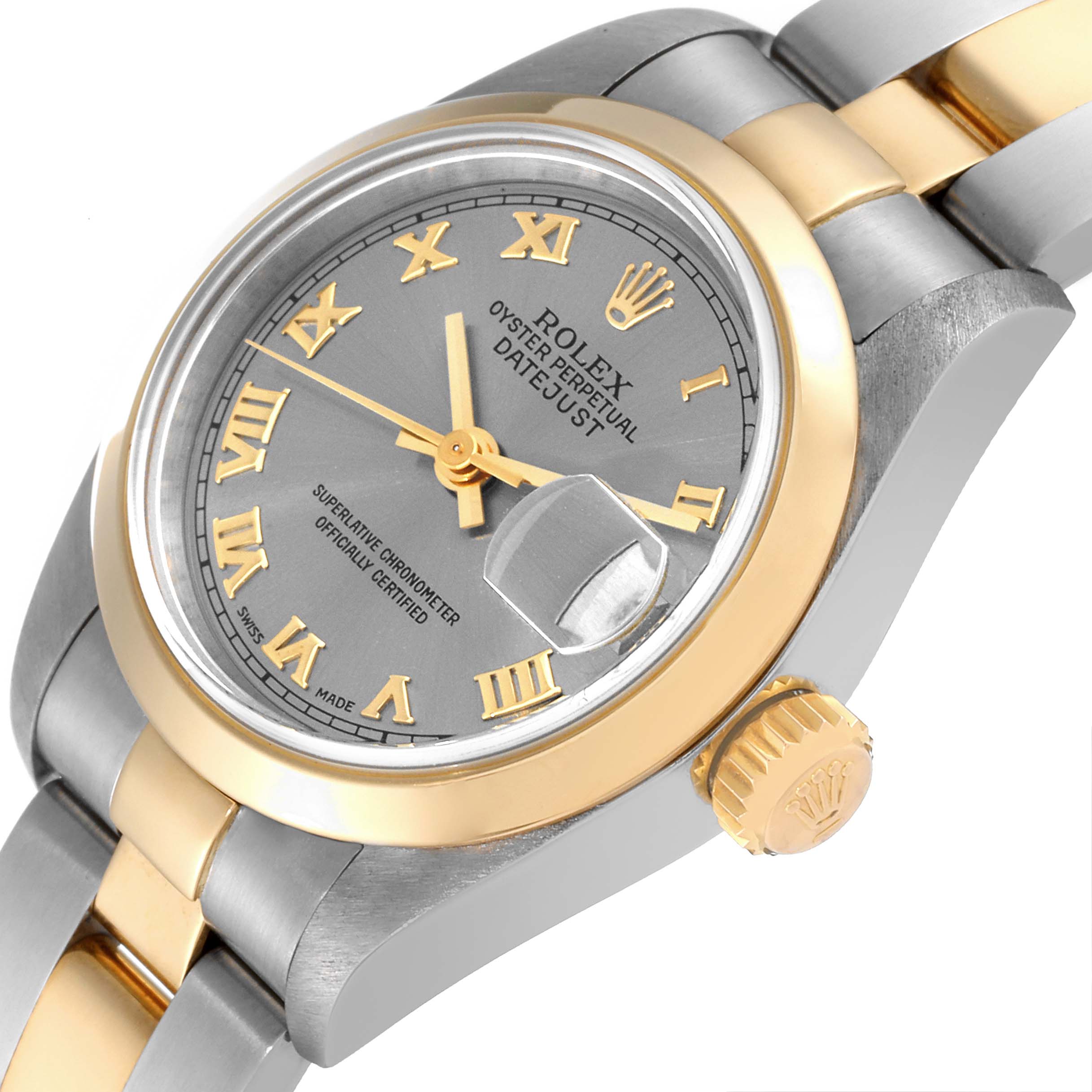 The image shows a Rolex Datejust 69163 Women
s Steel and Gold (two tone) Grey Dial 69163 Women
s Steel and Gold (two tone) Grey Dial watch at an angled close-up, highlighting the dial, crown, and part of the bracelet.