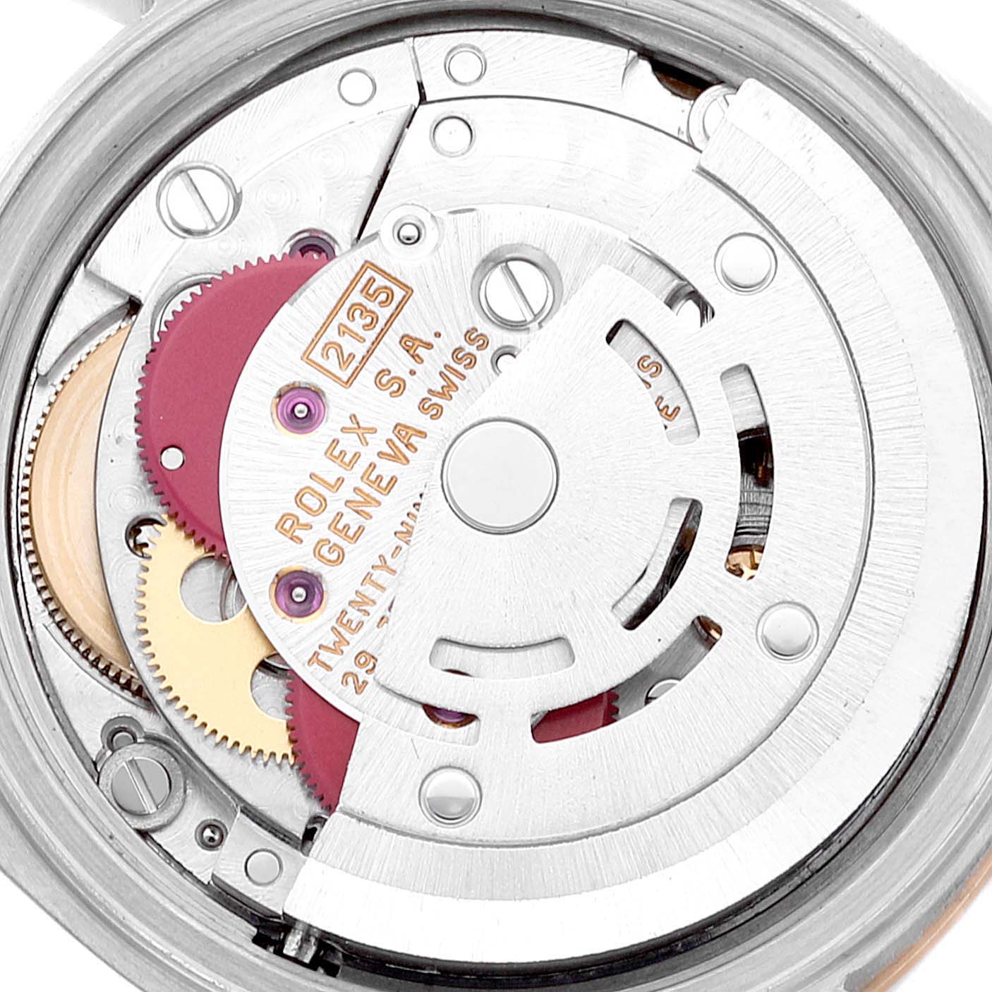 This is a close-up view of the movement of a Rolex Datejust 69163 Women
s Steel and Gold (two tone) Grey Dial 69163 Women
s Steel and Gold (two tone) Grey Dial watch, showcasing its internal mechanics.