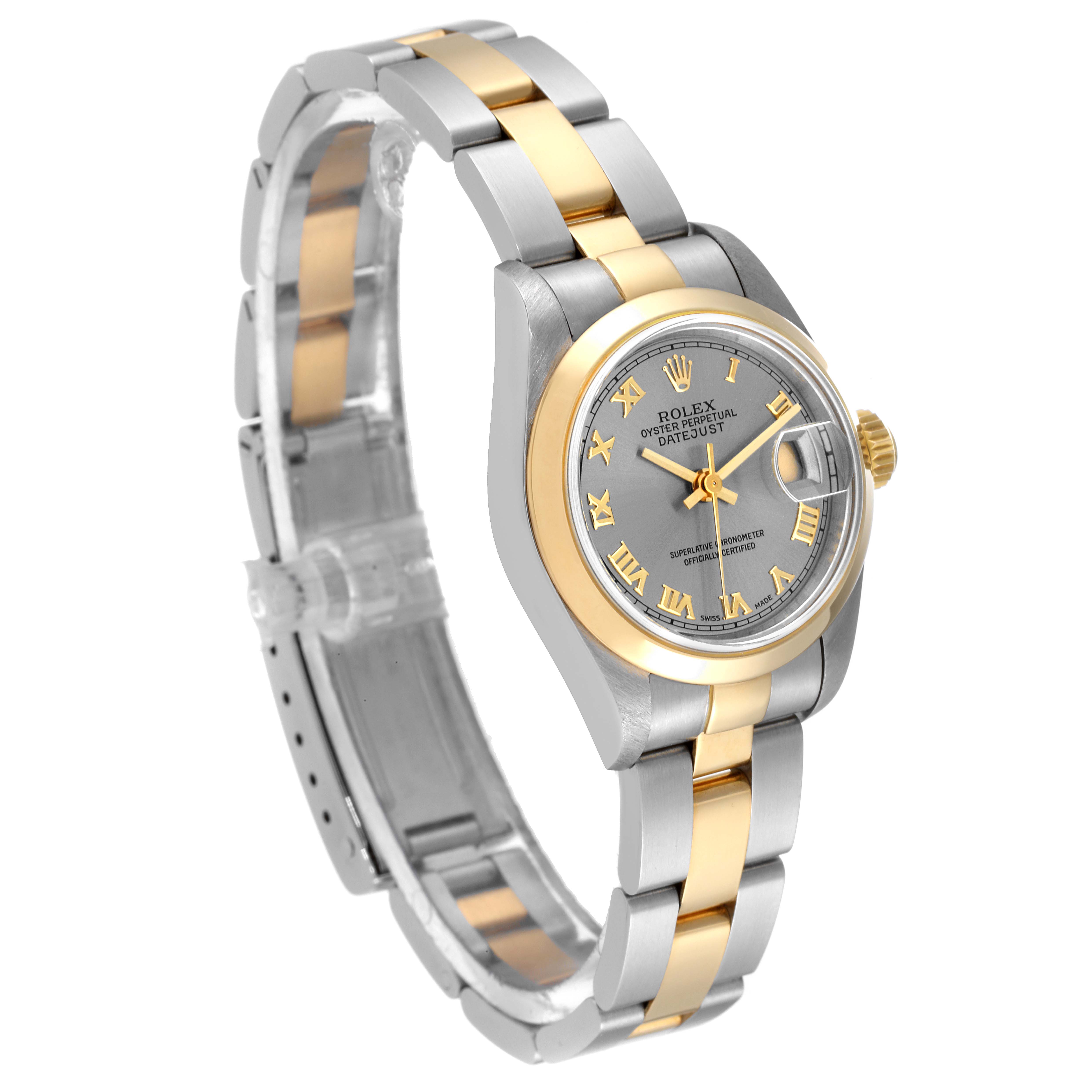 The image shows a Rolex Datejust 69163 Women
s Steel and Gold (two tone) Grey Dial 69163 Women
s Steel and Gold (two tone) Grey Dial watch at a three-quarter angle, highlighting the face, bezel, and two-tone bracelet.