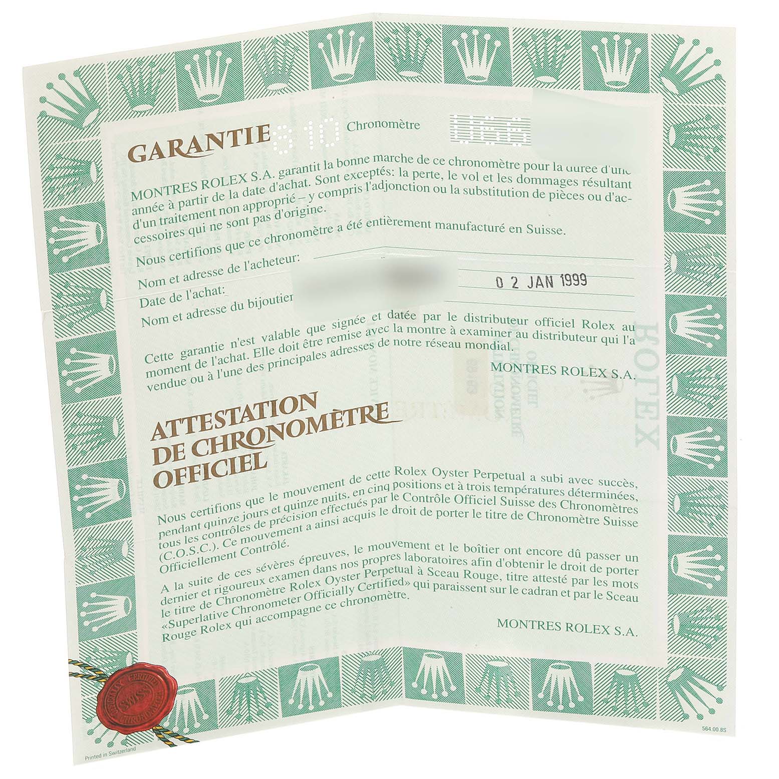 This image shows the warranty card for a Rolex Datejust 69163 Women
s Steel and Gold (two tone) Grey Dial 69163 Women
s Steel and Gold (two tone) Grey Dial model, including its certification and purchase details.