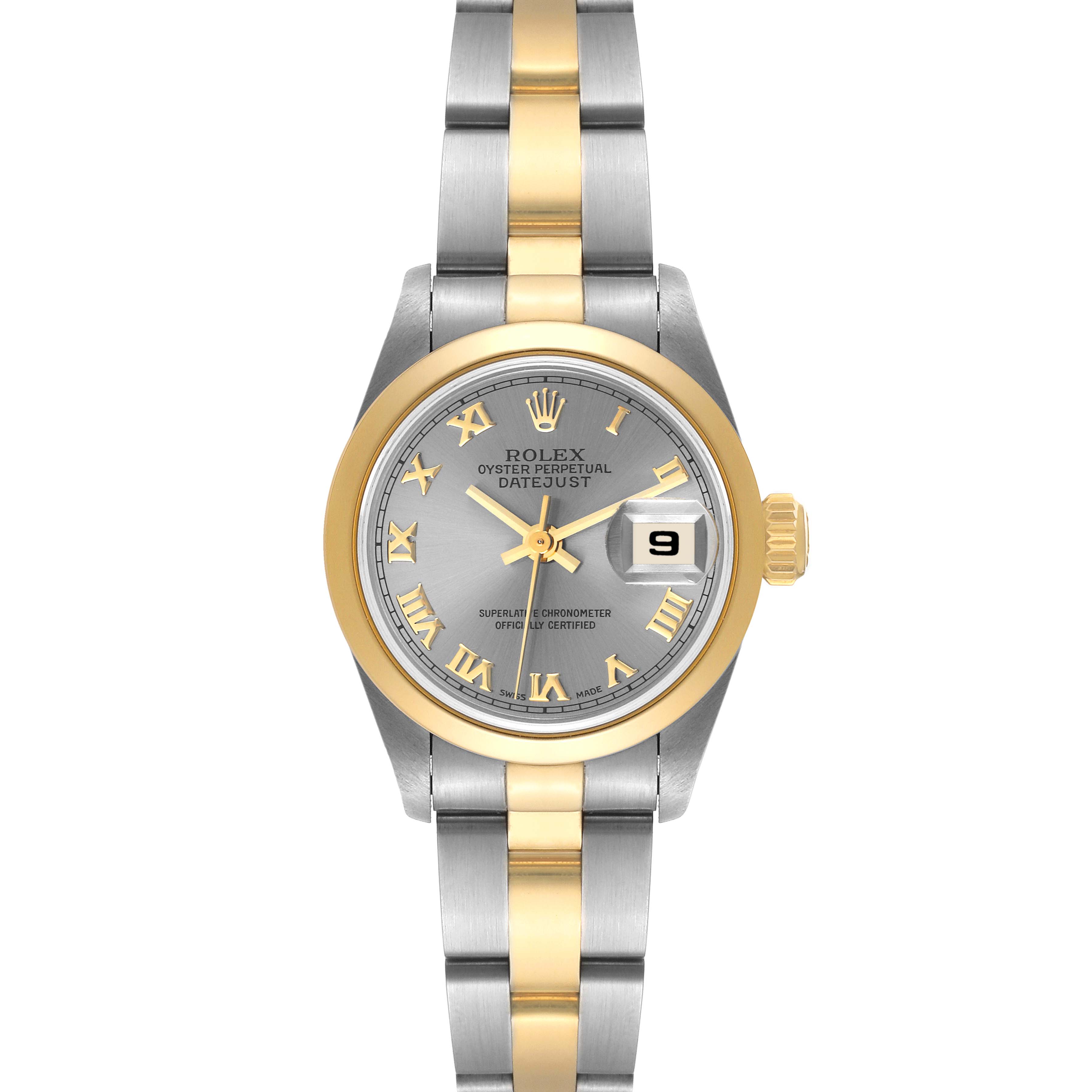 The Rolex Datejust 69163 Women
s Steel and Gold (two tone) Grey Dial 69163 Women
s Steel and Gold (two tone) Grey Dial watch is shown from a front angle, highlighting the dial, bezel, and bracelet.