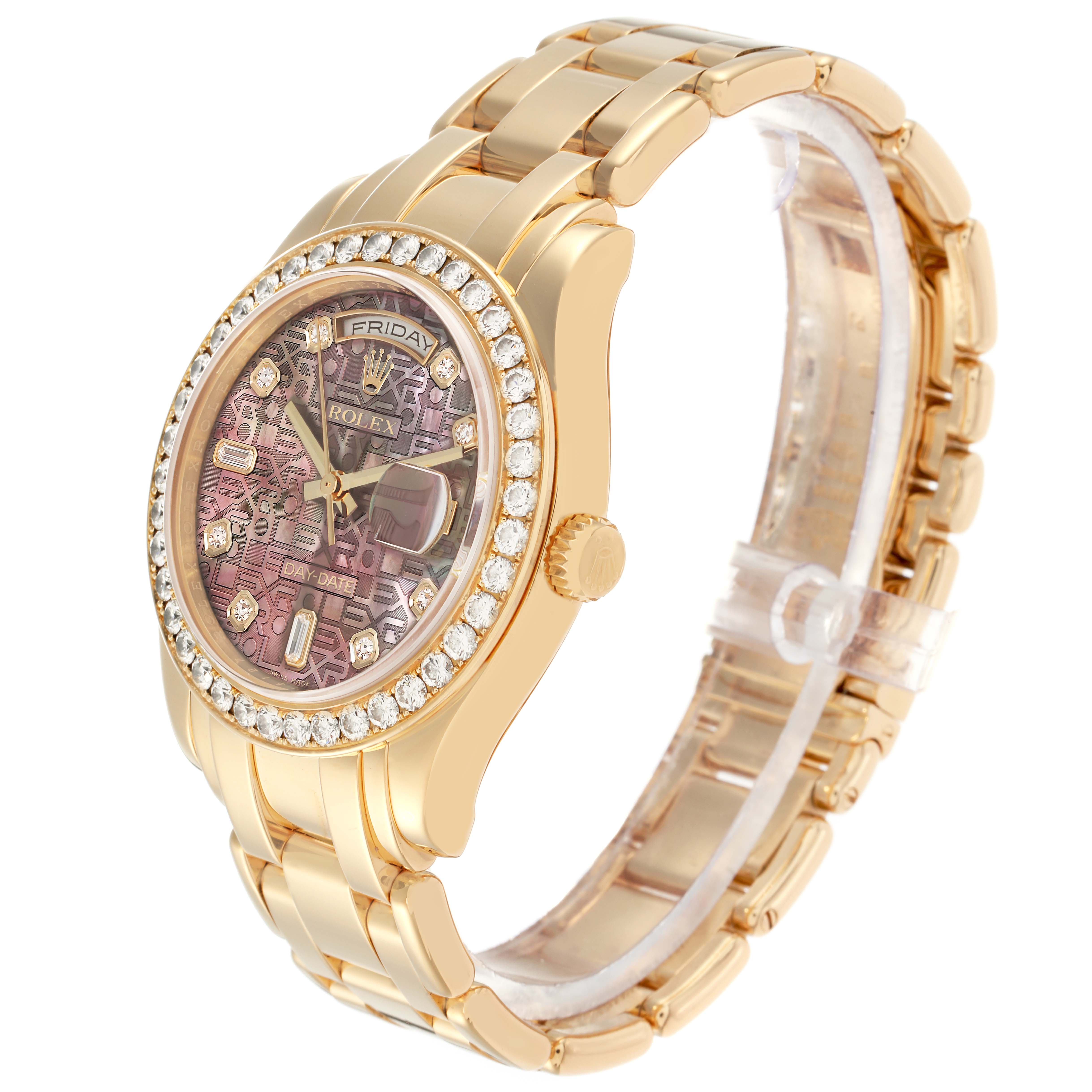 The Rolex Pearlmaster 18948 Men
s Yellow Gold Mother of Pearl Dial watch is shown at a three-quarter angle, highlighting the face, bezel, crown, and bracelet.