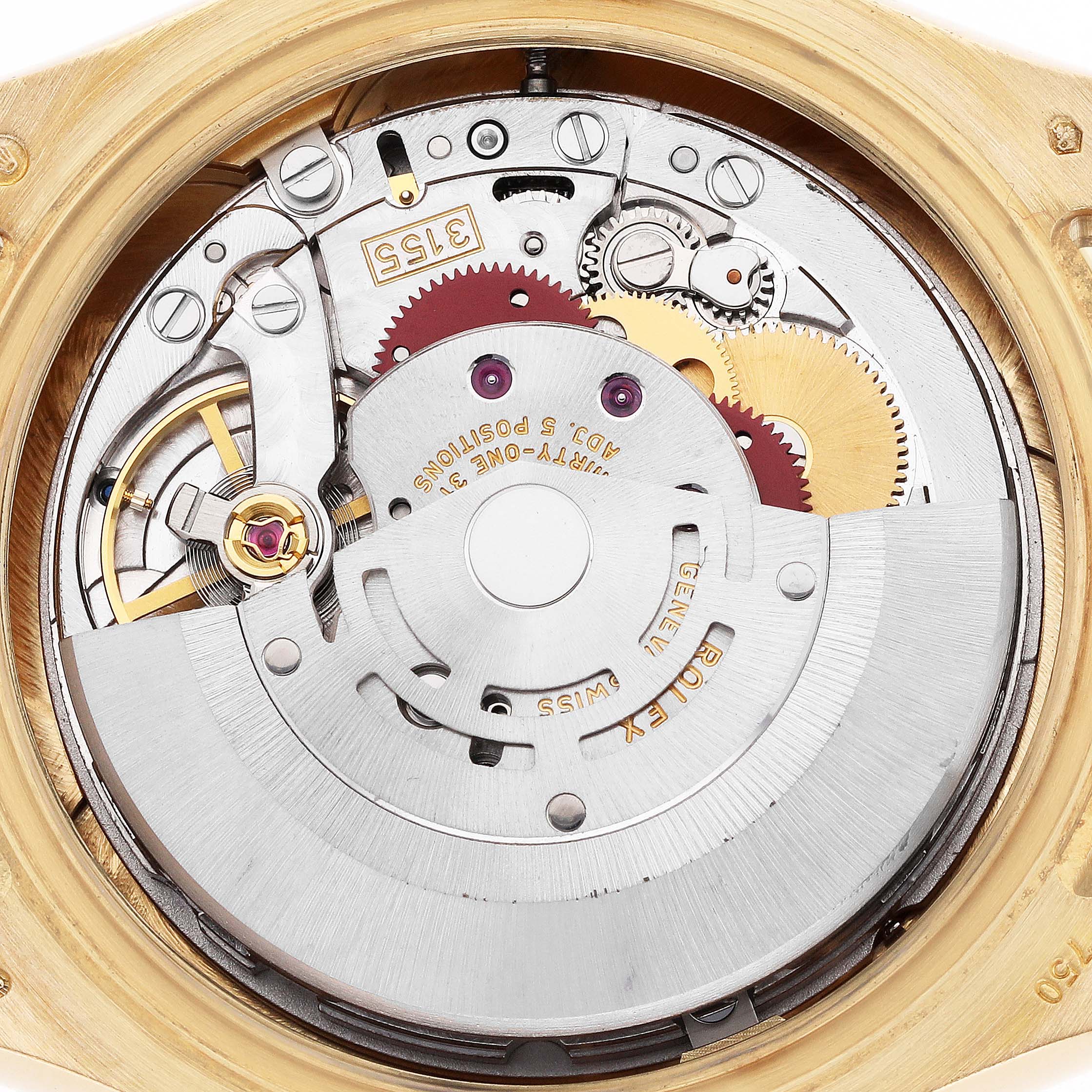 The image shows the internal mechanism of a Rolex Pearlmaster 18948 Men
s Yellow Gold Mother of Pearl Dial watch from a top-down angle, revealing gears and the rotor.