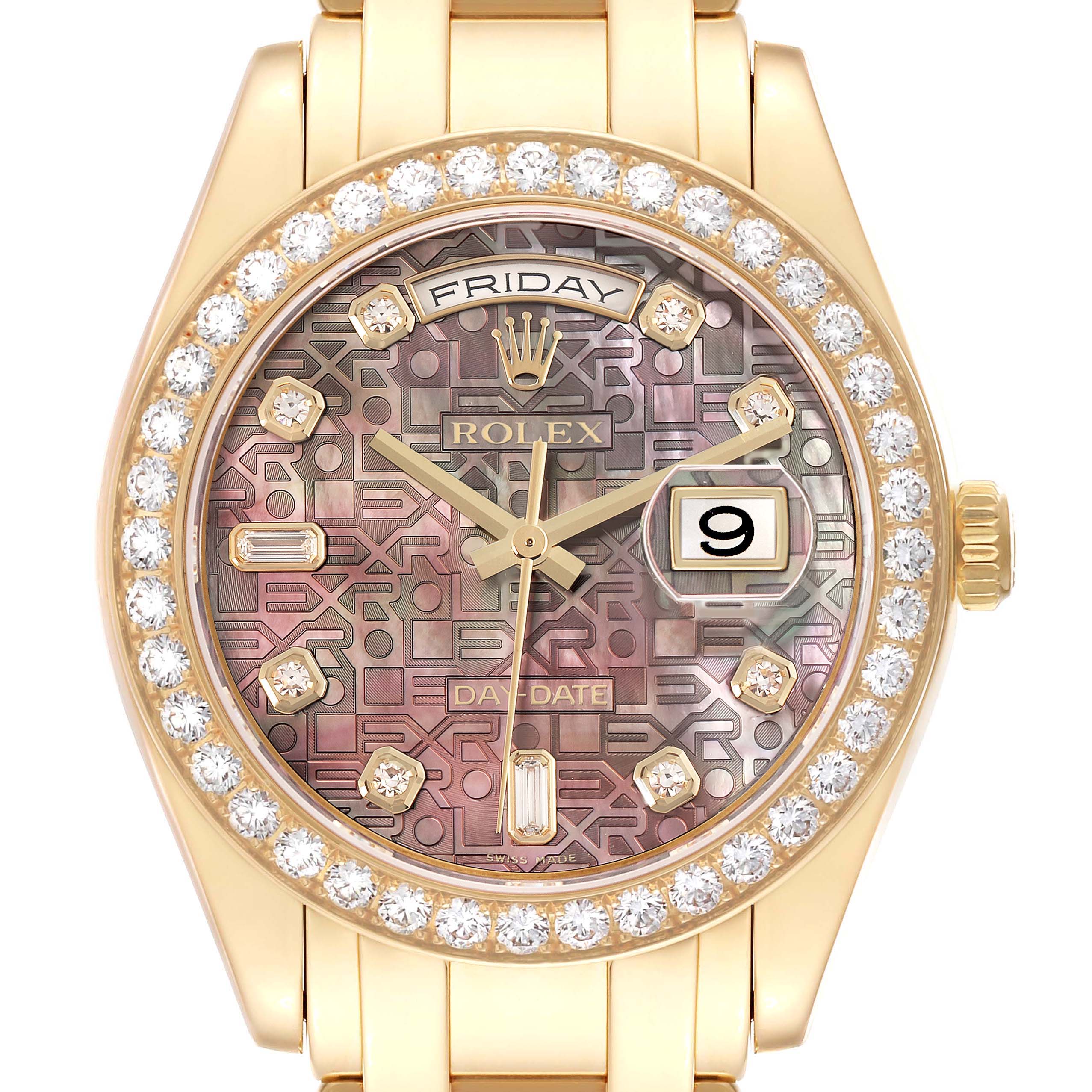 The Rolex Pearlmaster 18948 Men
s Yellow Gold Mother of Pearl Dial watch is shown from a top-down angle, highlighting the diamond bezel, dial, and bracelet.