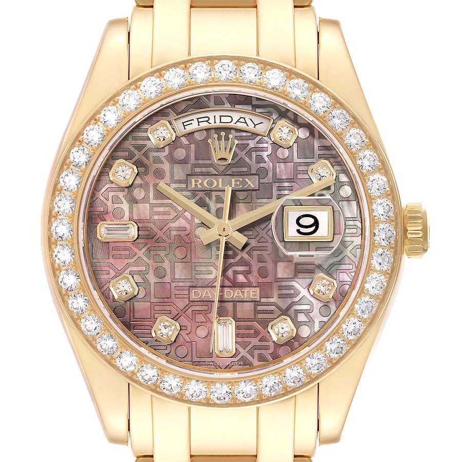 The image shows a Rolex Pearlmaster model 18948 men's watch from a front angle, highlighting the intricate dial, diamond bezel, day-date functions, and crown.