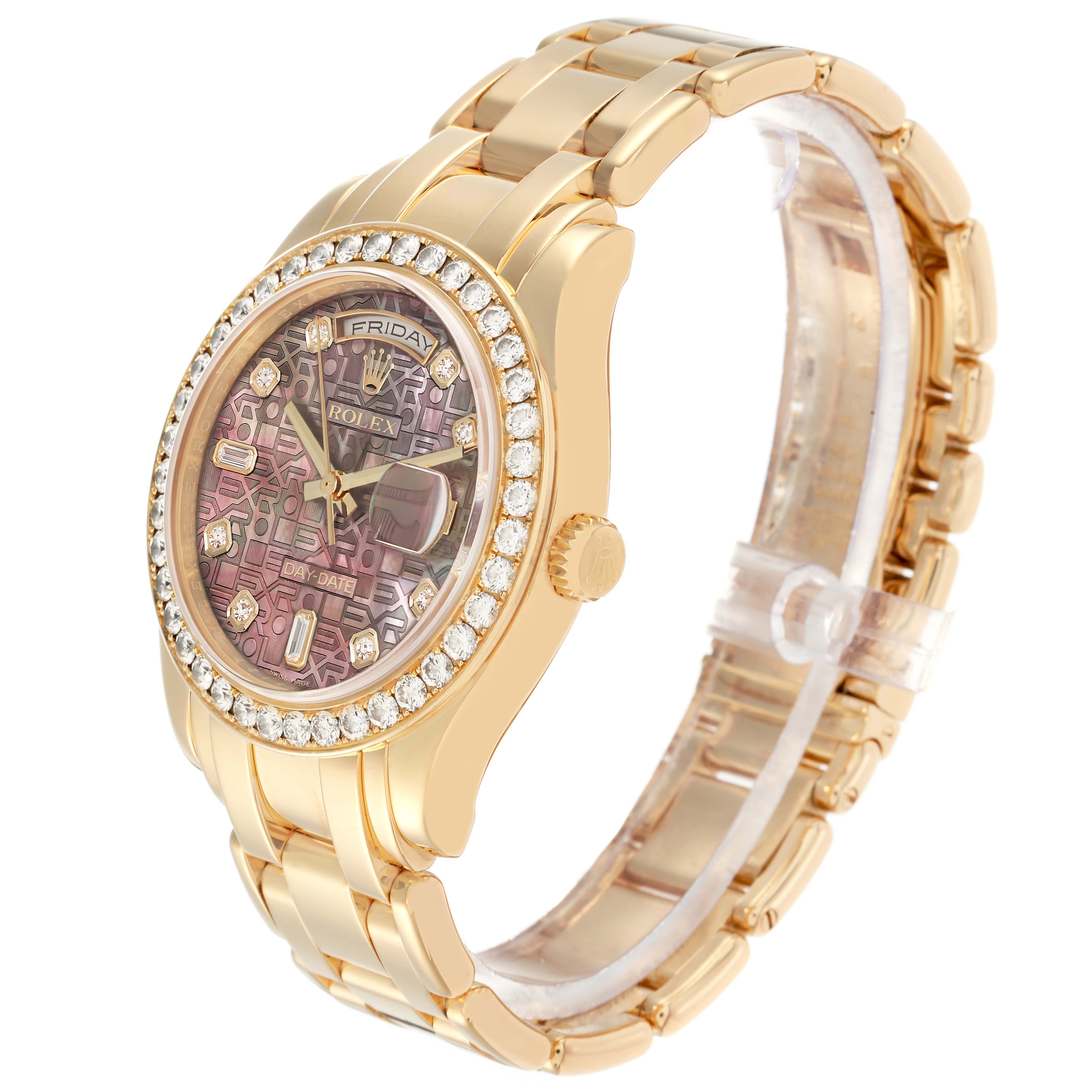 The Rolex Pearlmaster 18948 Men's Yellow Gold Mother of Pearl Dial watch is shown at a three-quarter angle, highlighting its face, diamond bezel, bracelet, and crown.