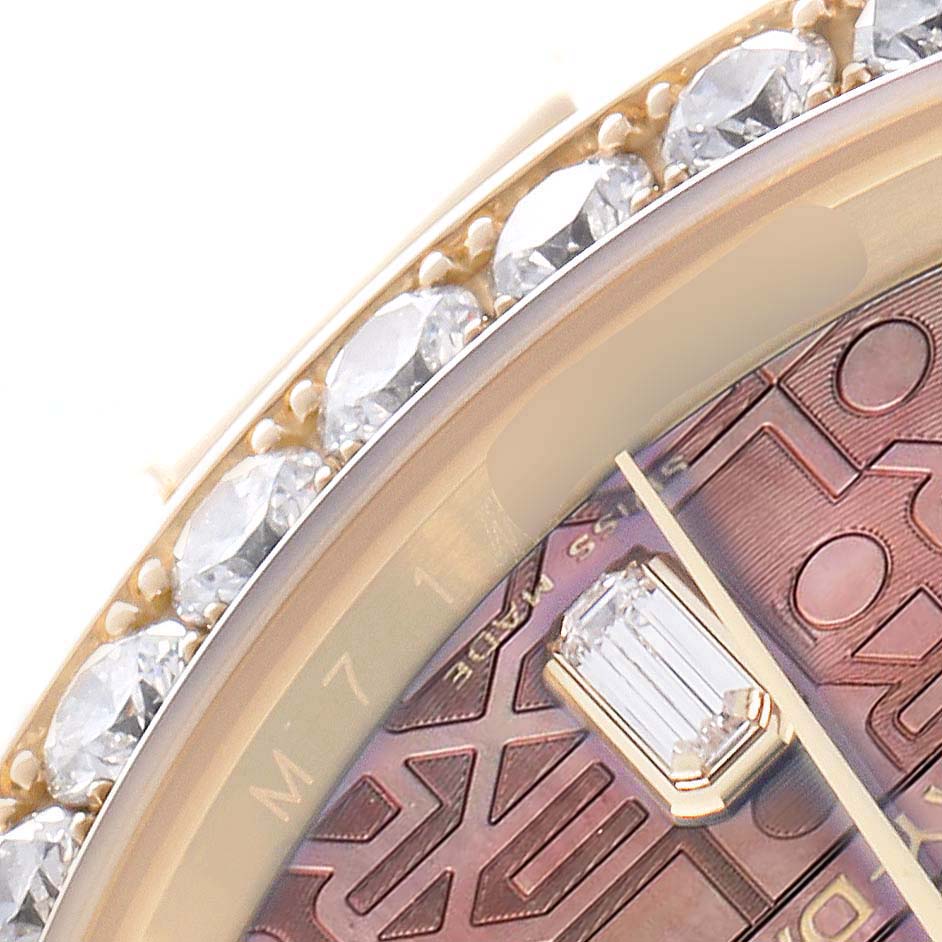 The image shows a close-up of the Rolex Pearlmaster 18948 Men's Yellow Gold Mother of Pearl Dial's diamond-set bezel and part of the dial with a gemstone hour marker.