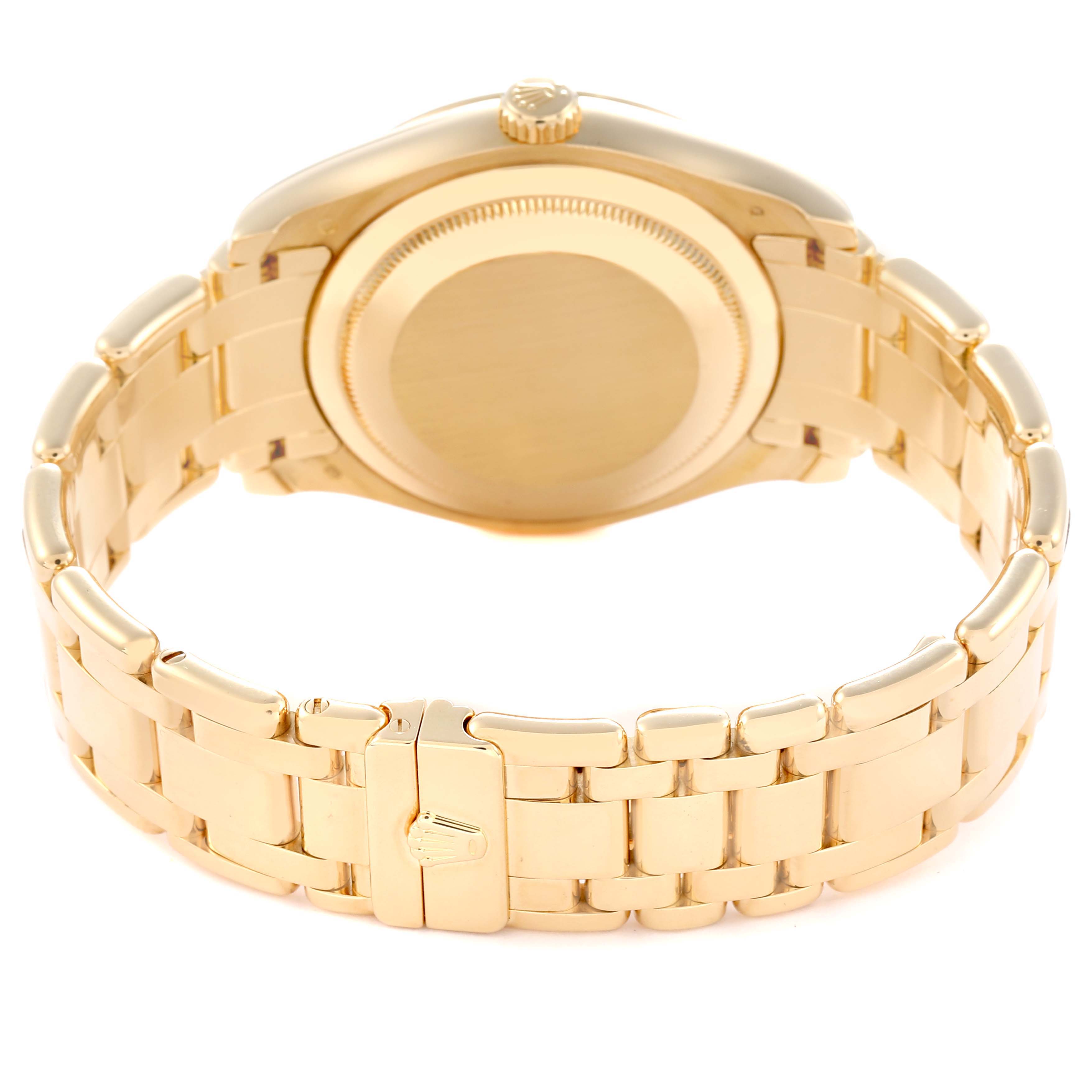 The image shows the back view of a Rolex Pearlmaster 18948 Men
s Yellow Gold Mother of Pearl Dial, highlighting the bracelet and case back.