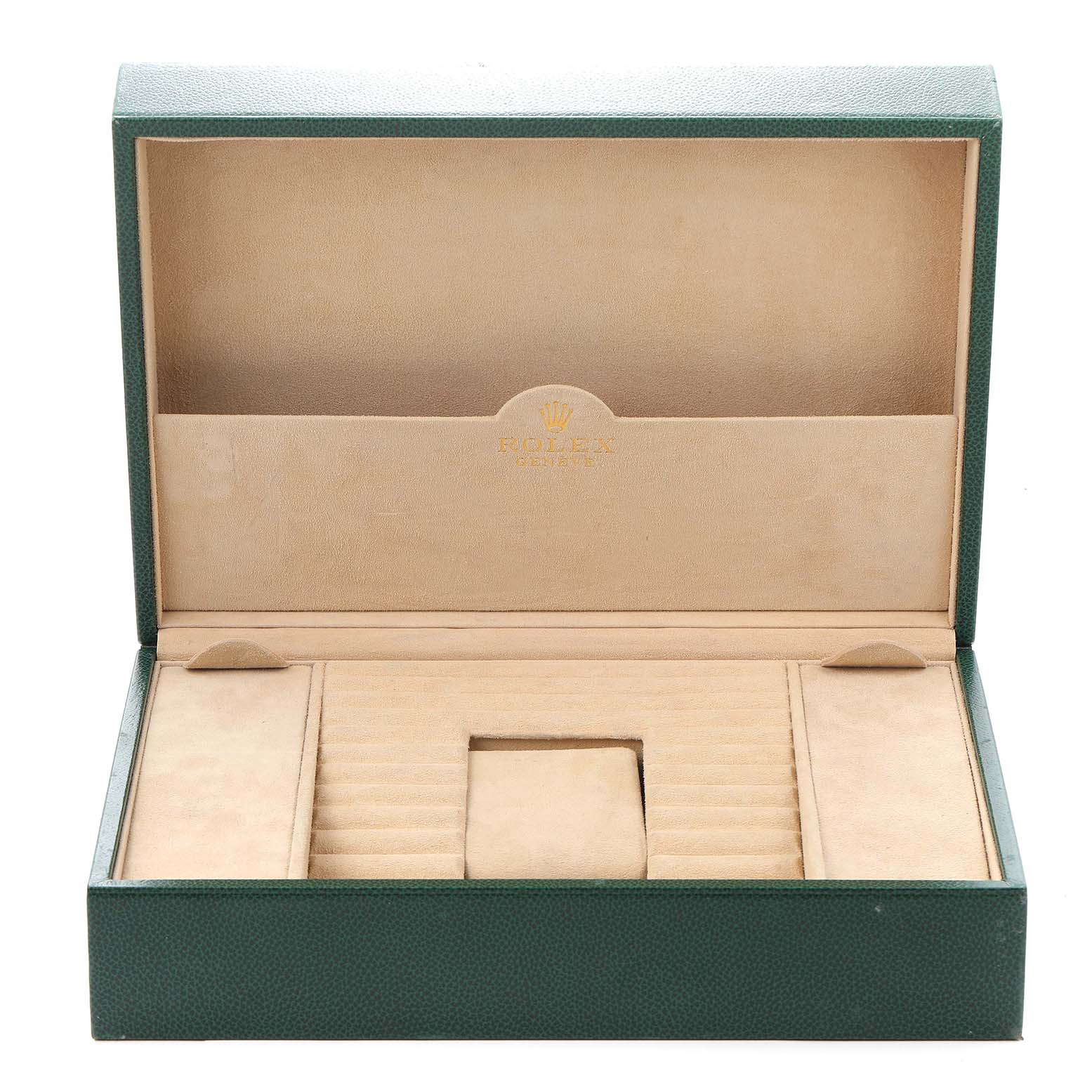 The image shows an open green Rolex watch box for the Pearlmaster model, highlighting its beige interior compartments.