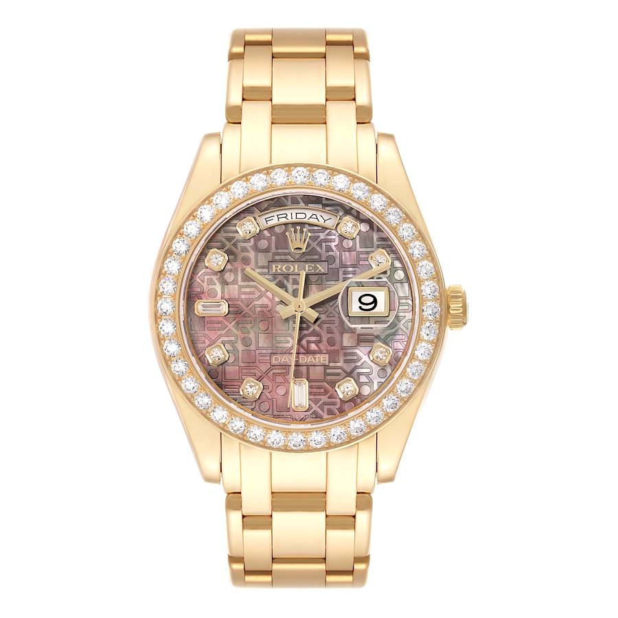 The Rolex Pearlmaster model 18948 men
s watch is shown from a top-down angle, highlighting its gold bracelet, diamond-set bezel, and detailed dial with day and date functions.