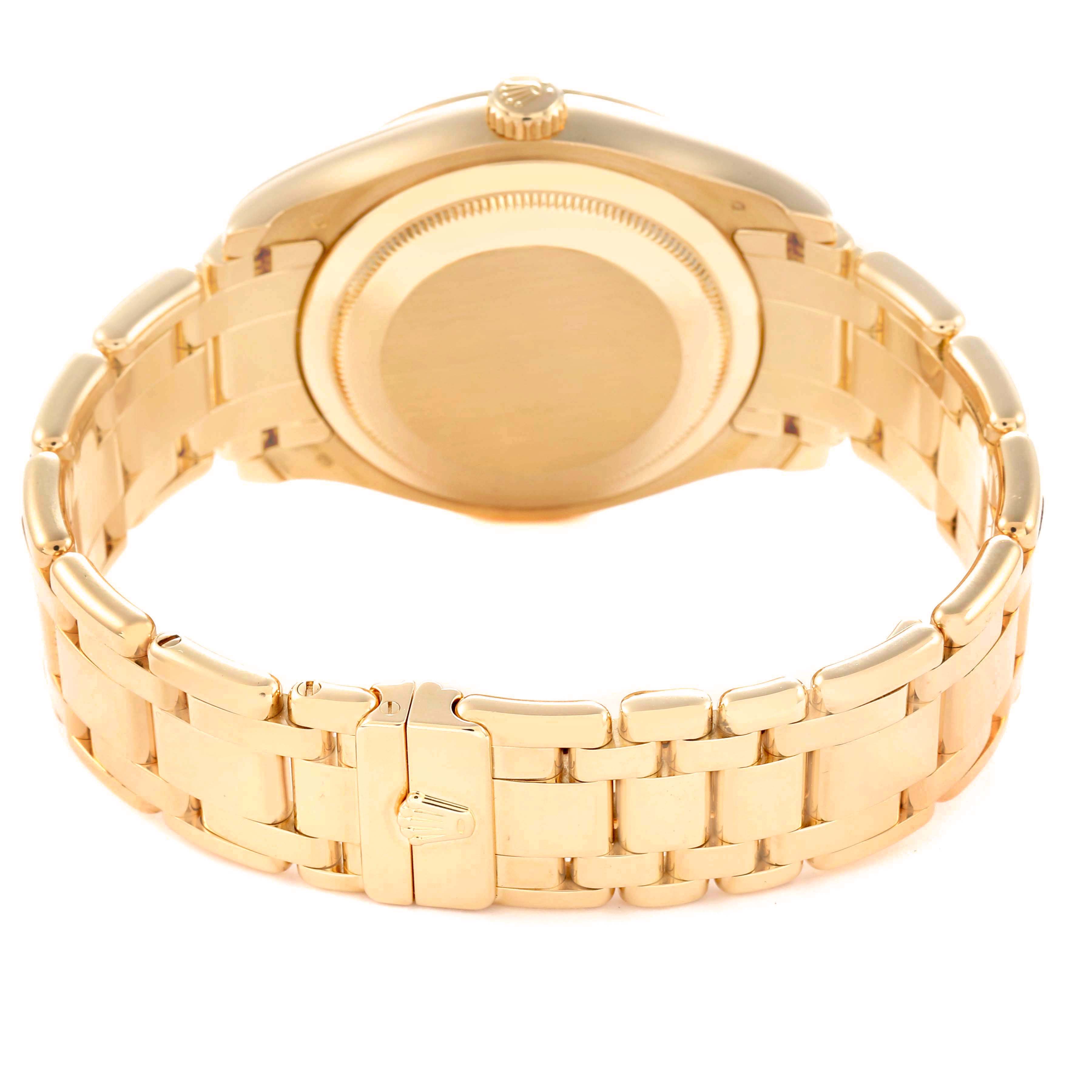 The image shows the back of the Rolex Pearlmaster 18948 Men's Yellow Gold Mother of Pearl Dial watch, highlighting the bracelet and clasp.