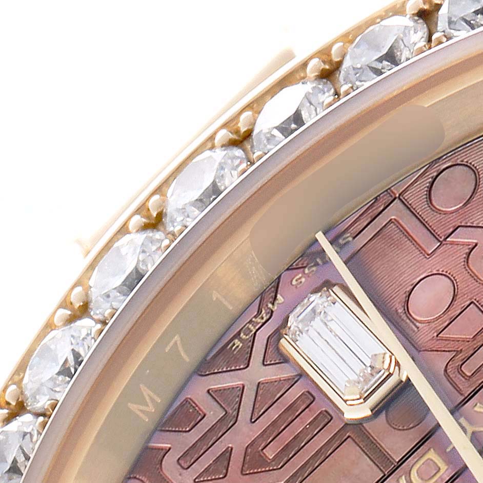 The image shows a close-up of the Rolex Pearlmaster 18948 Men
s Yellow Gold Mother of Pearl Dial watch, focusing on the diamond-set bezel and partial dial.
