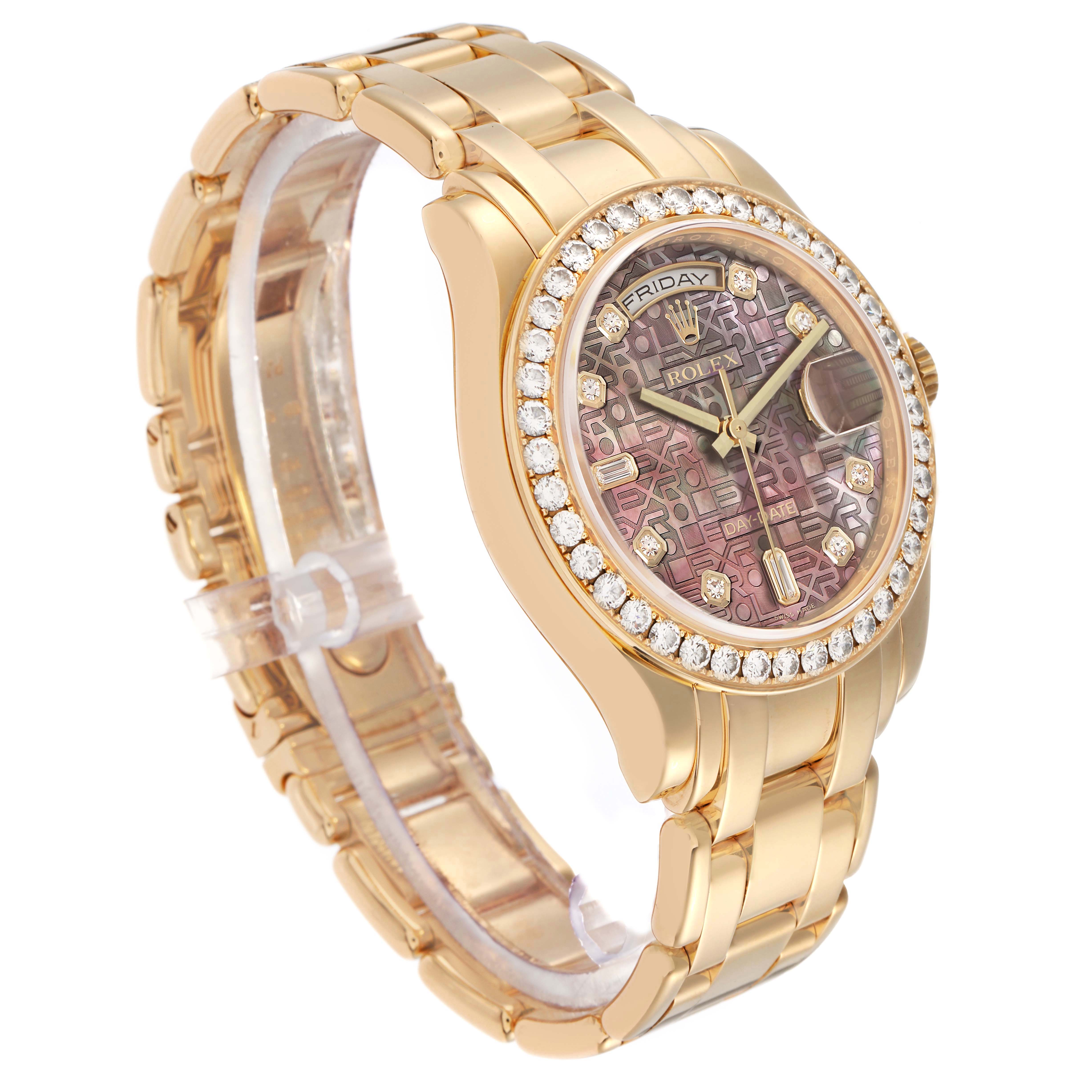 The Rolex Pearlmaster 18948 Men's Yellow Gold Mother of Pearl Dial watch is shown at a three-quarter angle, displaying the face, bezel, and part of the bracelet.