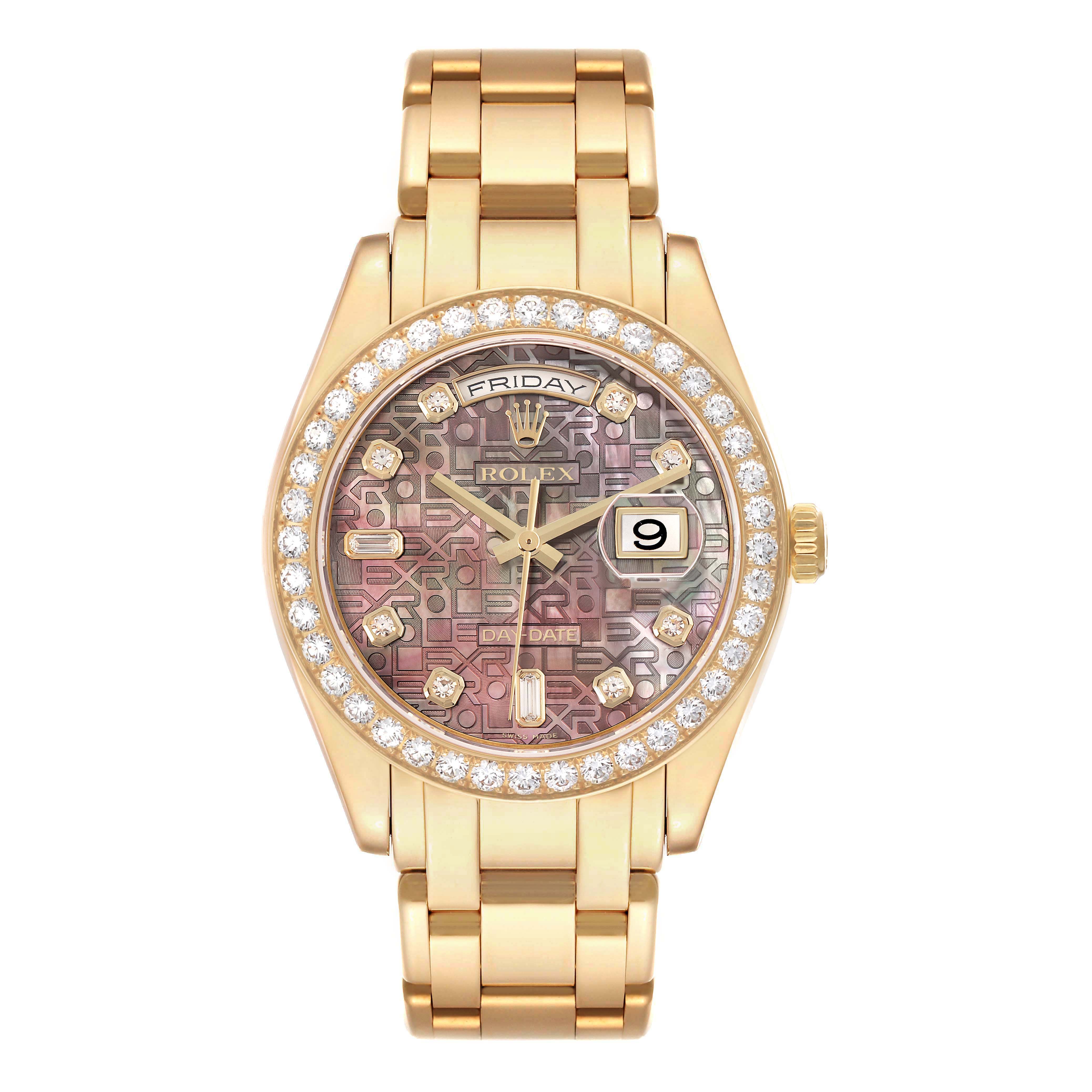 The Rolex Pearlmaster 18948 Men's Yellow Gold Mother of Pearl Dial watch is shown from the front, displaying the dial, bezel, and bracelet.