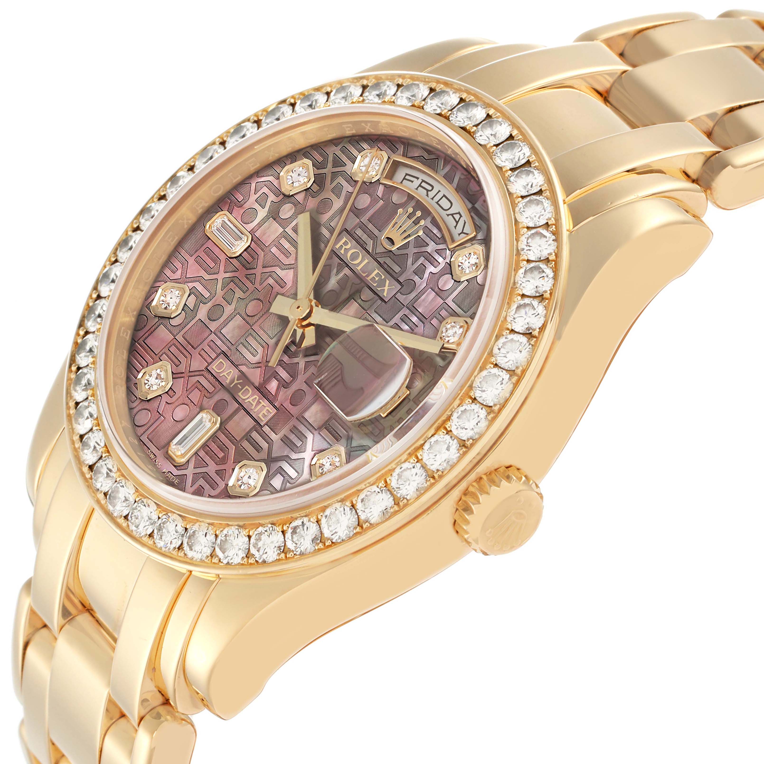 The Rolex Pearlmaster 18948 Men's Yellow Gold Mother of Pearl Dial watch is shown at an angled close-up, highlighting the diamond bezel, crown, and bracelet links.