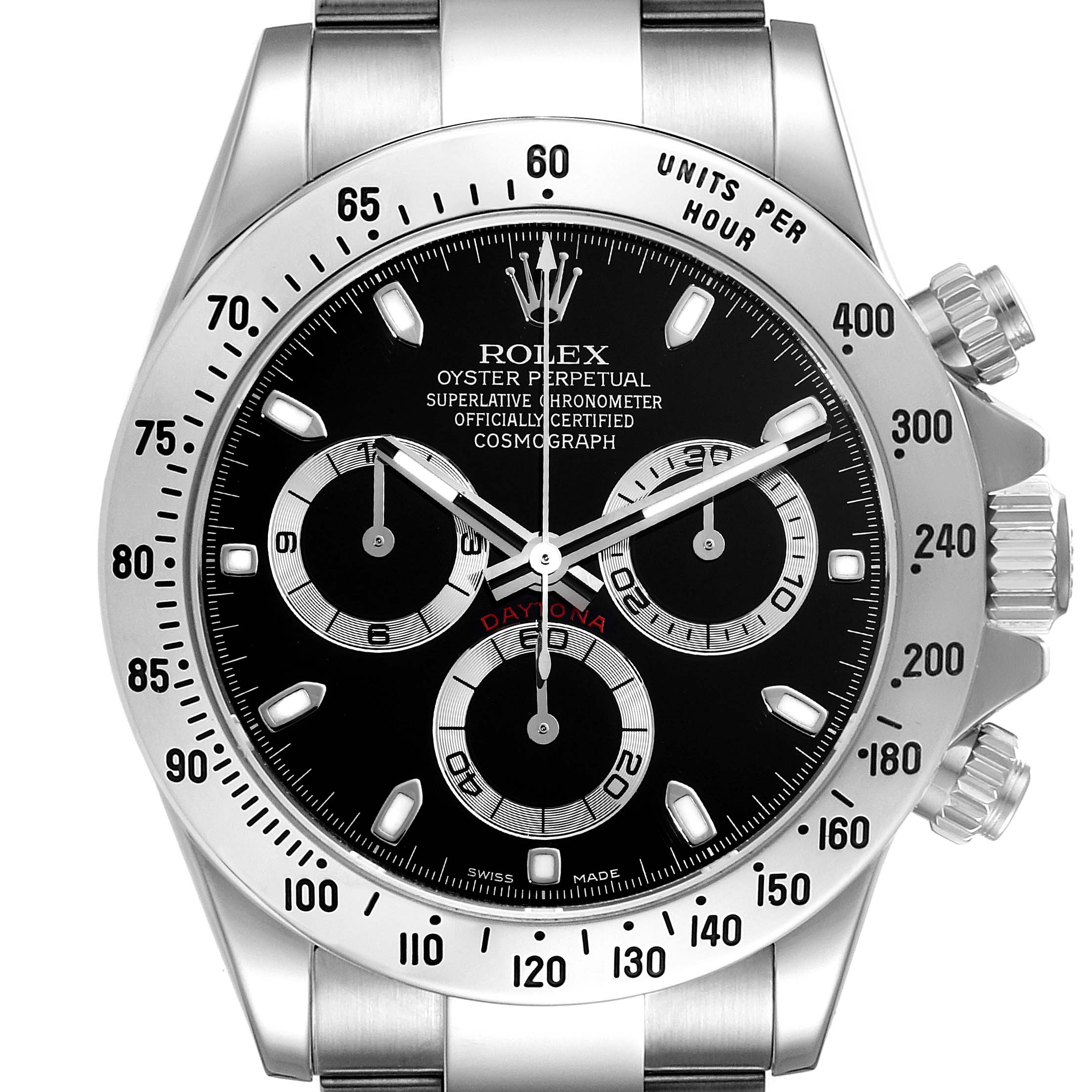 This image shows a front view of the Rolex Daytona 116520 Men
s Stainless Steel Black Dial 116520 Men
s Stainless Steel Black Dial watch, highlighting the dial, bezel, sub-dials, and push buttons.